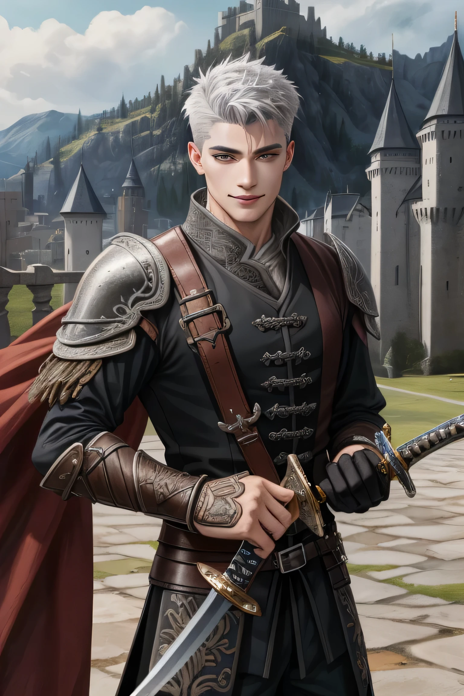 (Absurdres, Intricate Details, Masterpiece, Best Quality, High Resolution, 8k), 1 male, masculine, young, aged up, dreadful, finely detailed eyes and face, gray white short back and sides hair, black eyes, calm smile, portrait, looking at viewer, solo, (full body:0.6), long sword, masculine, young, aged up, fighting with long sword and shild, fighting with sword, holding a shild, iron shild, leather armor, in castle background, fighting in practice swordsman, glove, VFX.