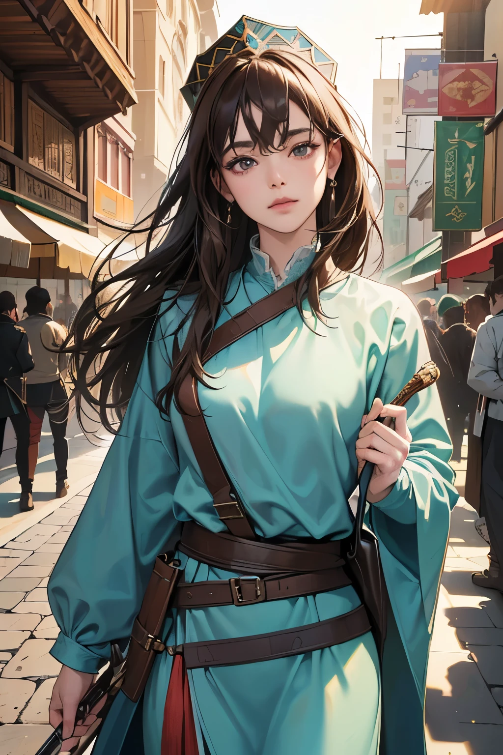 (absurdres, highres, ultra detailed),masterpiece,best quality,high resolution,8k,Realistic face,Realistic skin texture,magnified textures, stunning clarity,ultra detailed anime girl,(medieval central asia:1.3),dark brown hair,gape,have sword,look at viewer,cowboy shot,silkroad,oasis,(central asia market:1.2),serene pose
