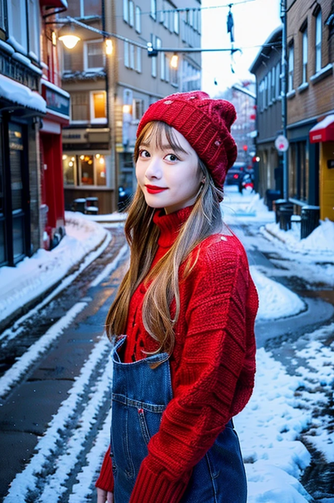 dressed in a red sweater、A woman wearing a red knitted hat。she is wearing denim patterned pants、While protecting yourself from the winter cold、I enjoy stylish and warm fashion.。
Snowy European cityscape。Snow piled up、Roofs and streetlights are covered in white、Snow is piled up in the alley。Warm lights illuminate the city、Atmospheric buildings and arches blend into the snowy landscape。

