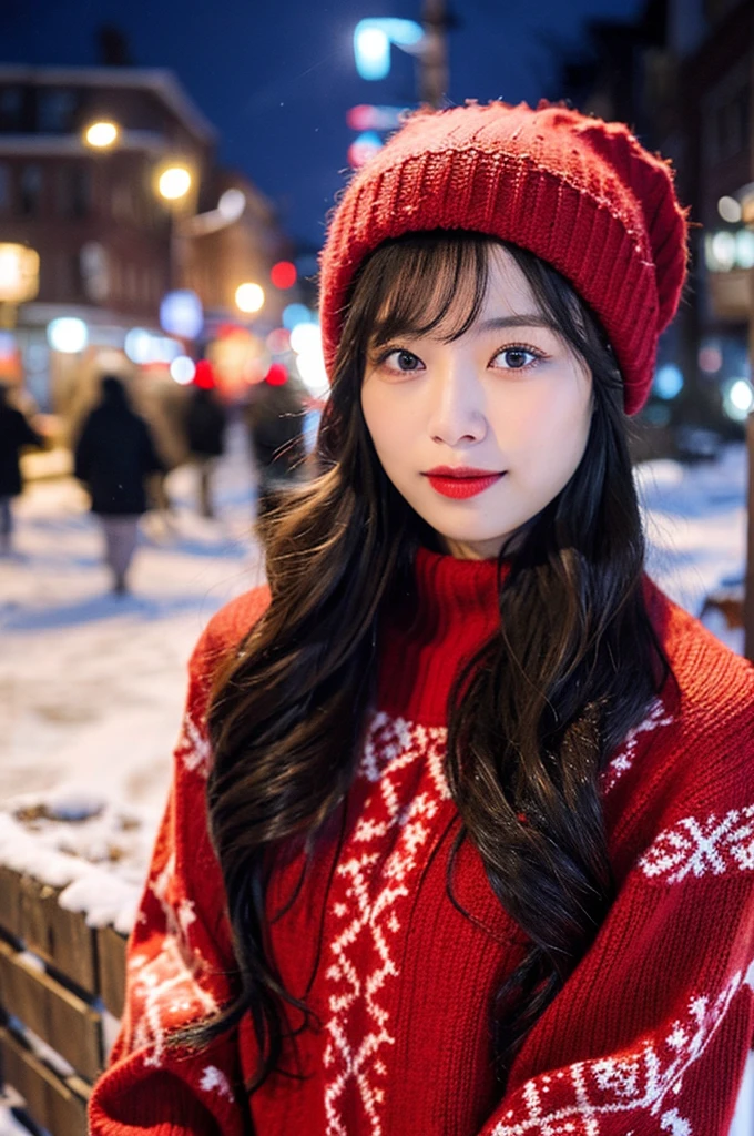 dressed in a red sweater、A woman wearing a red knitted hat。she is wearing denim patterned pants、While protecting yourself from the winter cold、I enjoy stylish and warm fashion.。
Snowy European cityscape。Snow piled up、Roofs and streetlights are covered in white、Snow is piled up in the alley。Warm lights illuminate the city、Atmospheric buildings and arches blend into the snowy landscape。