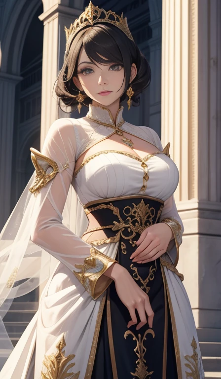 fantasia, 19th-century, empress, mulher, rosto delicado, cabelo longo castanho claro, olhos azuis, em um vestido real branco com ombros abertos, gold patterns on fabric, crystal jewelry, com uma fita escarlate no ombro com os trajes do monarca, Gothic castle made of white stone in the background, luz, dia, High definition