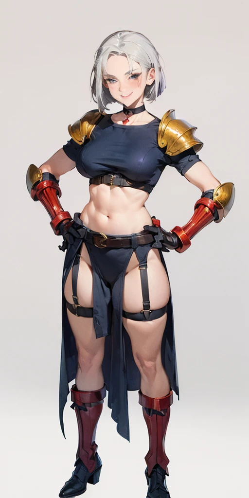 ((Plain background 1:2)) (Cammy White Street Fighter, white silver short bob haircut) female full body standing straight symmetrical loincloth, frontal position looking at viewer, Sheer Lace Top Thigh Highs with garter belt, golden armored (breastplate, choker, bracers, handcuffs, shackles, rerebrace, high boots, bootstraps, huge belt on waistline, faulds, poleyn, gloves, gauntlets), lustful smirking smile face red blushed red cheeks, (hands (clenching) on hips)