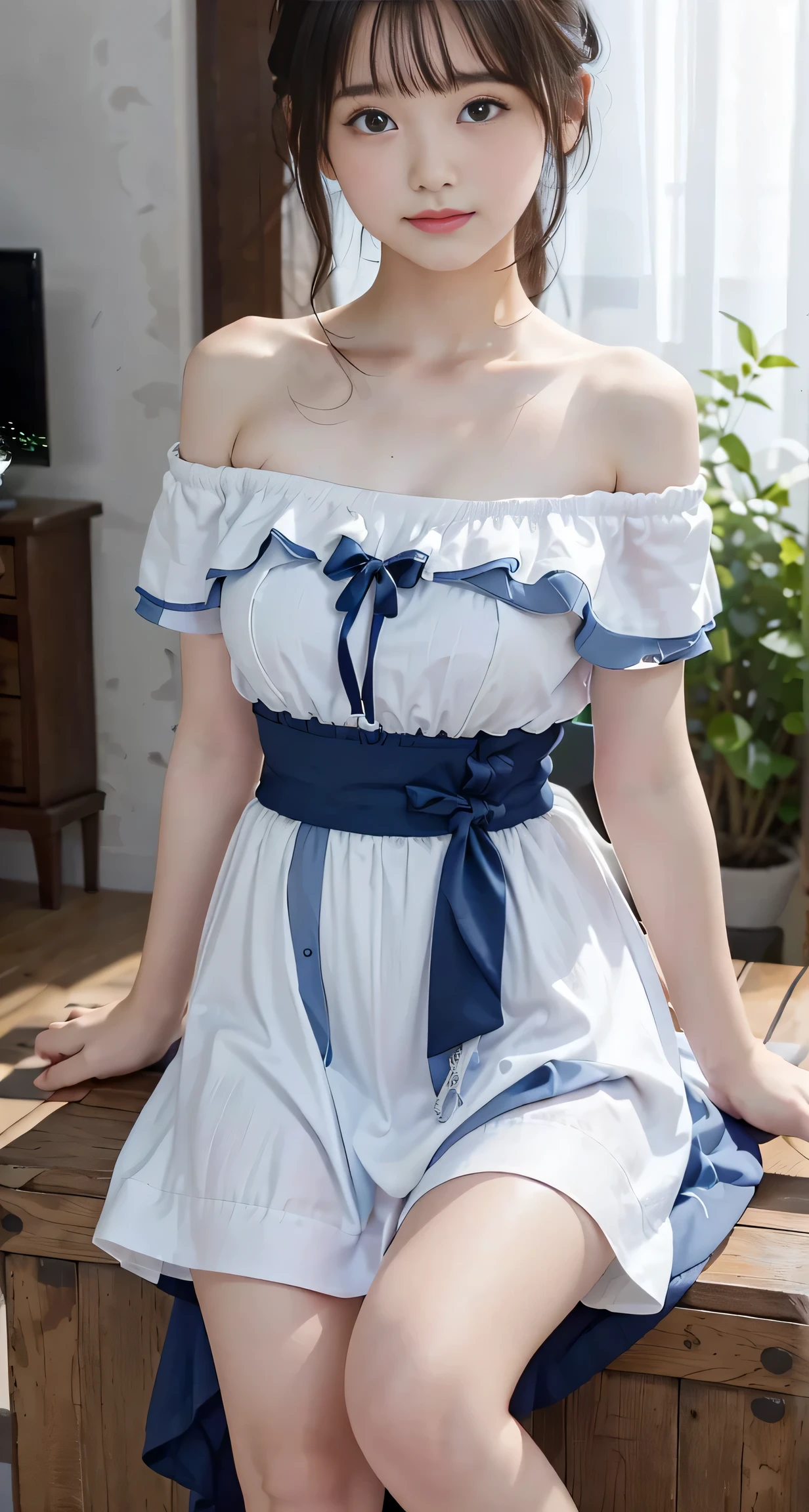masterpiece, Highest image quality, ((Full body shot)), with a girl：her hair is black and short, , laughter, Her face is round and cute. (((White and blue off-shoulder dress))), barefoot, There is a ribbon on the ankle, Hand holding down skirt, Pubic hair shows completely naked pubic hair) ,more_become familiar with:1.5, (More and more_become familiar with:1.9), indoor, ((In the living room, Lounge back on the sofa))