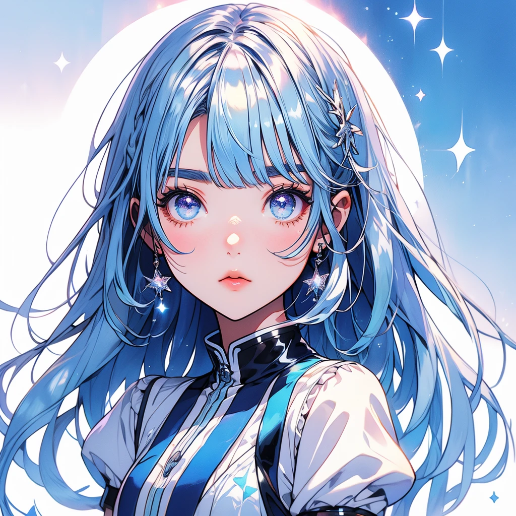 Star Fairy、glow hair 、Vtuber half、Bangs shorter than eyebrows Aster Piece、highest quality、Best illustration、Super fine、Upper Body、solo、1 girl、looking at the camera、upright、Arms at your sides、Beautiful delicate eyes、Concept Art、More frontal、White background、Simple Background、Droopy and large eyes、Ultra-fine mesh、Sparkling Eye Silky White and Blue Gradient Long Hair、Short sleeve、Watercolor pencil、Kind Face、Virtual YouTuber、