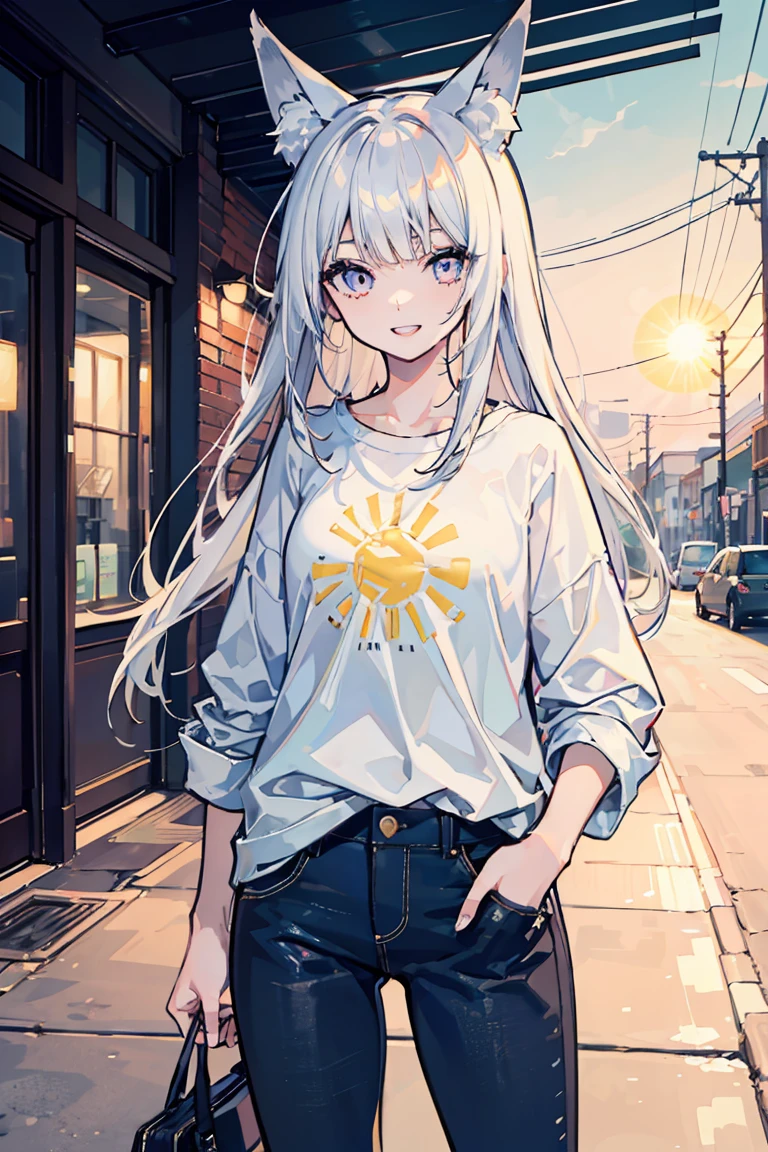 (1 girl), (Fox Girl), beast耳, (super high quality), masterpiece, Cowboy Shot, White and gold gradient hair, White skin, wild, beast, Casual Scene, Relaxed atmosphere, (Mature fashion), She is wearing fashionable clothes, sun'The S line emits warm tones, Street atmosphere, urban environment. Perfect body, (E Cup:1.2), Wicked Smile, teeth, , Dark eyes,Fresh, (Asymmetrical bangs:1.3),Long Hair, Highly detailed face and eyes, Long, narrow eyes,cyber punk, SF, (Exposing shoulders), Digital Art, beautiful, Cinema Lighting, By Yusuke Murata.tonality, Romanticism, modern art, Impressionism, reflected light, 8k, masterpiece, Advanced Details, highest quality, Only 5 fingers,Accurate anatomy