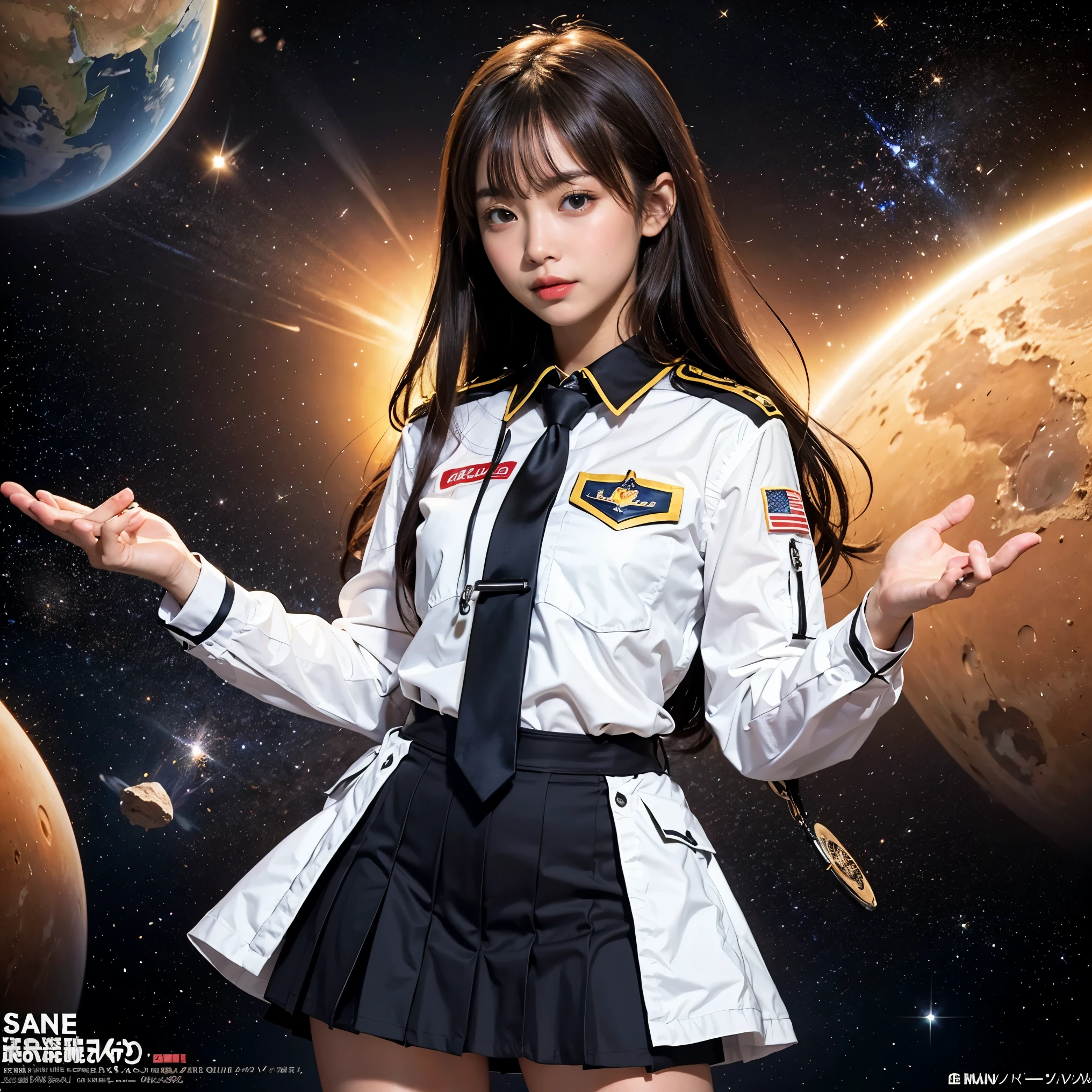 (Tabletop, highest quality:1.2), 8k, Official Art, Surprised expression、Put your hand over your mouth、Wearing a suitいる、Gesture of removing tie、I can see your chest、A rough image of a girl in a uniform holding a globe, Official Artワーク, Portrait Anime Astronaut Girl, with the earth, girl in space, Space High School, Space Girl, planet, Trending on cgstation, extrasolar planet, Official Art, Mars planet, Beautiful anime school girl, sakimichan, Floating next to the planet, galaxy japan、Five Fingers Photos'Body of, Whole Body Ezbian、The beauty of a suit、Big Dipper in the background、star explosion、Beautiful black-haired barefoot woman, hold a flame in your right hand、Tie your tie with your right hand、Look up、Looking down、Cool look、Bright lava lights rise from beneath the asteroid belt over the broken Earth(Jagged rocks and debris flew into the air.:1.3) (Windy dust storm:1.1) Volume fogmist by trace Z、Allows bright light from below to pass through、 (masterpiece) (highest quality) (detailed) (8k) (Cinema lighting) (Sharp focus) (Complex)Black-haired、14 years、、fun、Laughter、unbelievably ridiculous, (Beautiful girl, Pretty face, lean back, Gold ornament in hair、Wearing a suit、close, Wearing a suitいる, Short sleeve, Gardenia, Violet, space , View your viewers, Film Grain, chromatic aberration, sharp focus, Face Light, Dynamic Lighting, Cinema Lighting, Detailed eyes and face, (Grey tie、1:1.2)