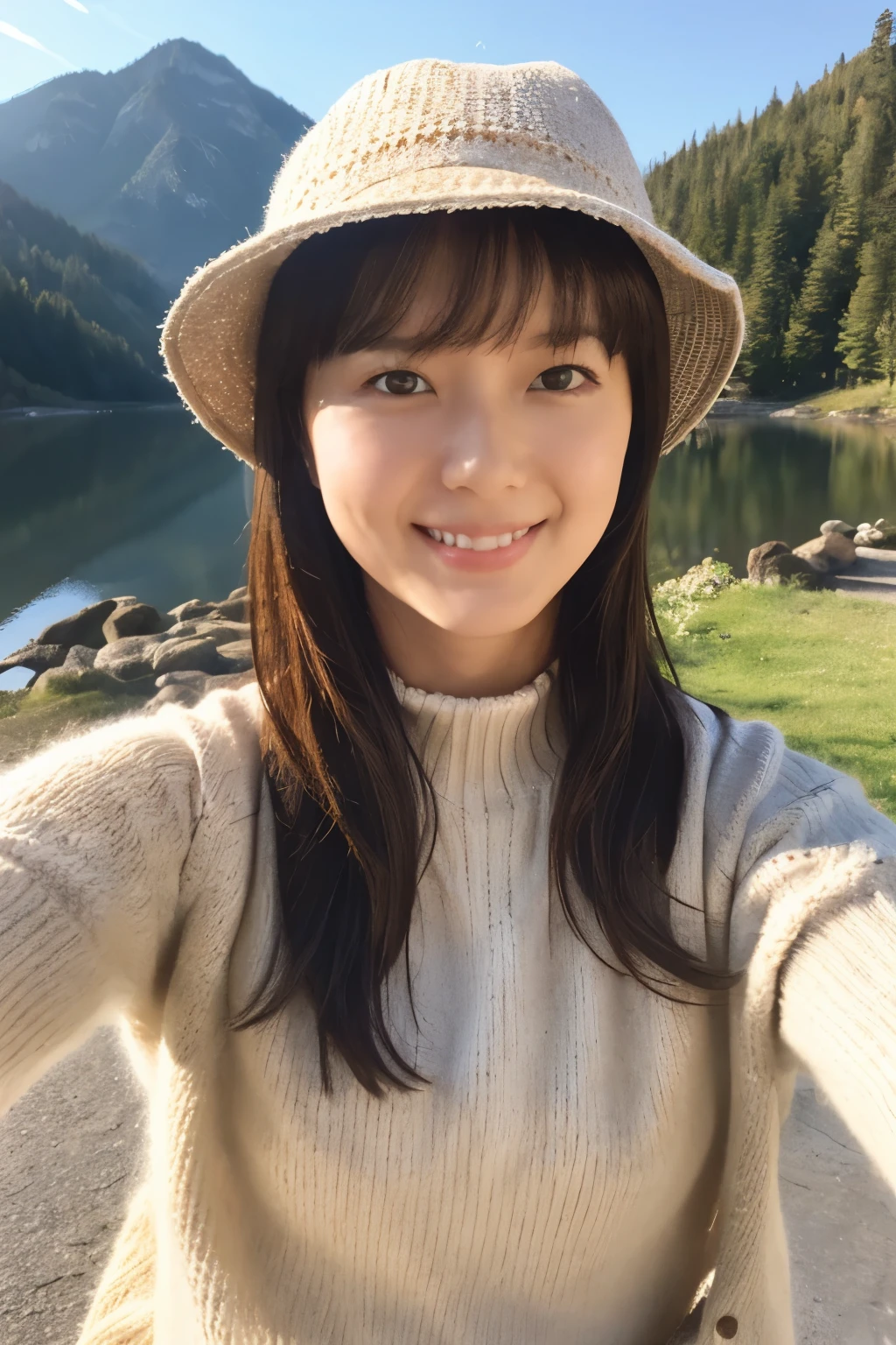 1 woman, ((upper body selfie, happy)), masterpiece, best quality, ultra-detailed, solo, Slender Japanese woman, 30 years old, outdoors, (night), mountains, nature, (stars, moon) cheerful, backpack, sleeping bag, camping stove, water bottle, mountain boots, gloves, sweater, hat, flashlight, forest, rocks, river, wood, smoke, shadows, contrast, clear sky, analog style (look at viewer:1.2) (skin texture) (film grain:1.3), (warm hue, warm tone) :1.2), close up, cinematic light, sidelighting, ultra high res, best shadow, RAW, wearing pullover