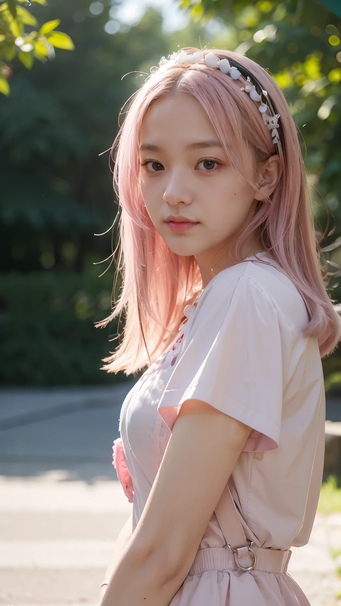 (8k, RAW photo, best quality, masterpiece), ultra high resolution, (realistic, photo-realistic), 1girl, emotionless, solo, pink hair, yellow eyes, professional lighting, detailed lighting, backlight, depth of field, natural lighting, sharp focus, two meter shooting distance, professional photo shoot, detailed eyes, realistic eyes, detailed shadow, cg game, cosplay, pink clothes with arm ring, suspenders, upper body, pink clothes, exterior, crown, Gundam, Mecha, robot