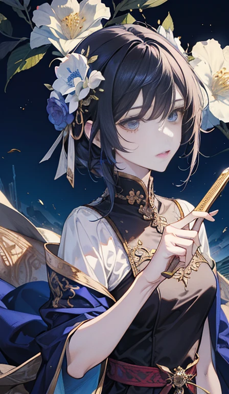 fantasia, 19th-century, empress, mulher, rosto delicado, cabelo longo castanho claro, olhos azuis, em um vestido real branco com ombros abertos, gold patterns on fabric, crystal jewelry, com uma fita escarlate no ombro com os trajes do monarca, Gothic castle made of white stone in the background, luz, dia, High definition