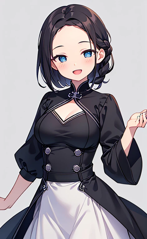 (masterpiece:1.4、top-quality、illustration:1.4,realistic、)、(character focus、breast focus,cowboy shot:1.3)、(1girl),(Open mouth happy smile:1.3),(half closed eyes),cute face,blue eyes、()、
,(stand:1.4),(Shining smile),
,(slender),(Erotic clothes:1.3),(black short hair hair:1.6,forehead:1.3),(braid:1.3), (medium breasts:1.3)、
、slender、