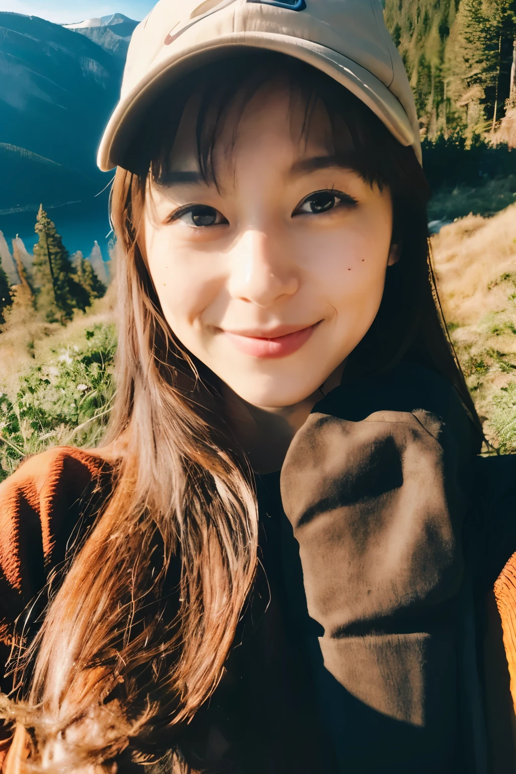 1 woman, ((upper body selfie, happy)), masterpiece, best quality, ultra-detailed, solo, Slender Japanese woman, 30 years old, outdoors, (night), mountains, nature, (stars, moon) cheerful, backpack, sleeping bag, camping stove, water bottle, mountain boots, gloves, sweater, hat, flashlight, forest, rocks, river, wood, smoke, shadows, contrast, clear sky, analog style (look at viewer:1.2) (skin texture) (film grain:1.3), (warm hue, warm tone) :1.2), close up, cinematic light, sidelighting, ultra high res, best shadow, RAW, wearing pullover