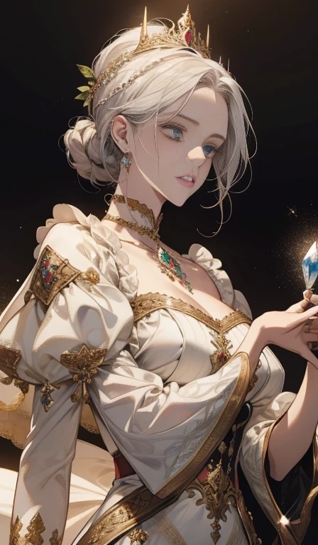 fantasia, 19th-century, empress, mulher, rosto delicado, cabelo longo castanho claro, olhos azuis, em um vestido real branco com ombros abertos, gold patterns on fabric, crystal jewelry, com uma fita escarlate no ombro com os trajes do monarca, Gothic castle made of white stone in the background, luz, dia, High definition