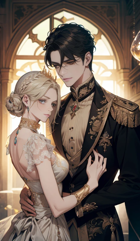 fantasia, 19th-century, empress, mulher, rosto delicado, cabelo longo castanho claro, olhos azuis, em um vestido real branco com ombros abertos, gold patterns on fabric, crystal jewelry, com uma fita escarlate no ombro com os trajes do monarca, Gothic castle made of white stone in the background, luz, dia, High definition
