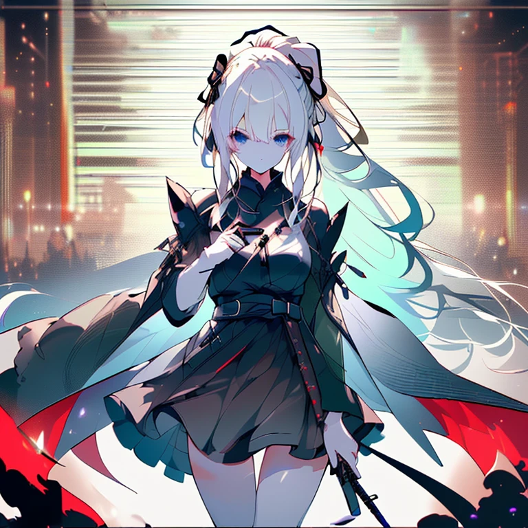 (highest quality,Super detailed,High resolution,wonderful,Attention to detail)White Hair,Long Hair,ponytail,ハイponytail青い瞳,Sharp Eyes,A flawless expression,beautiful,Ready your weapon,Ready for battle,Cinema Lighting,thought,Black Dress,Miniskirt,Night Sky,cool,