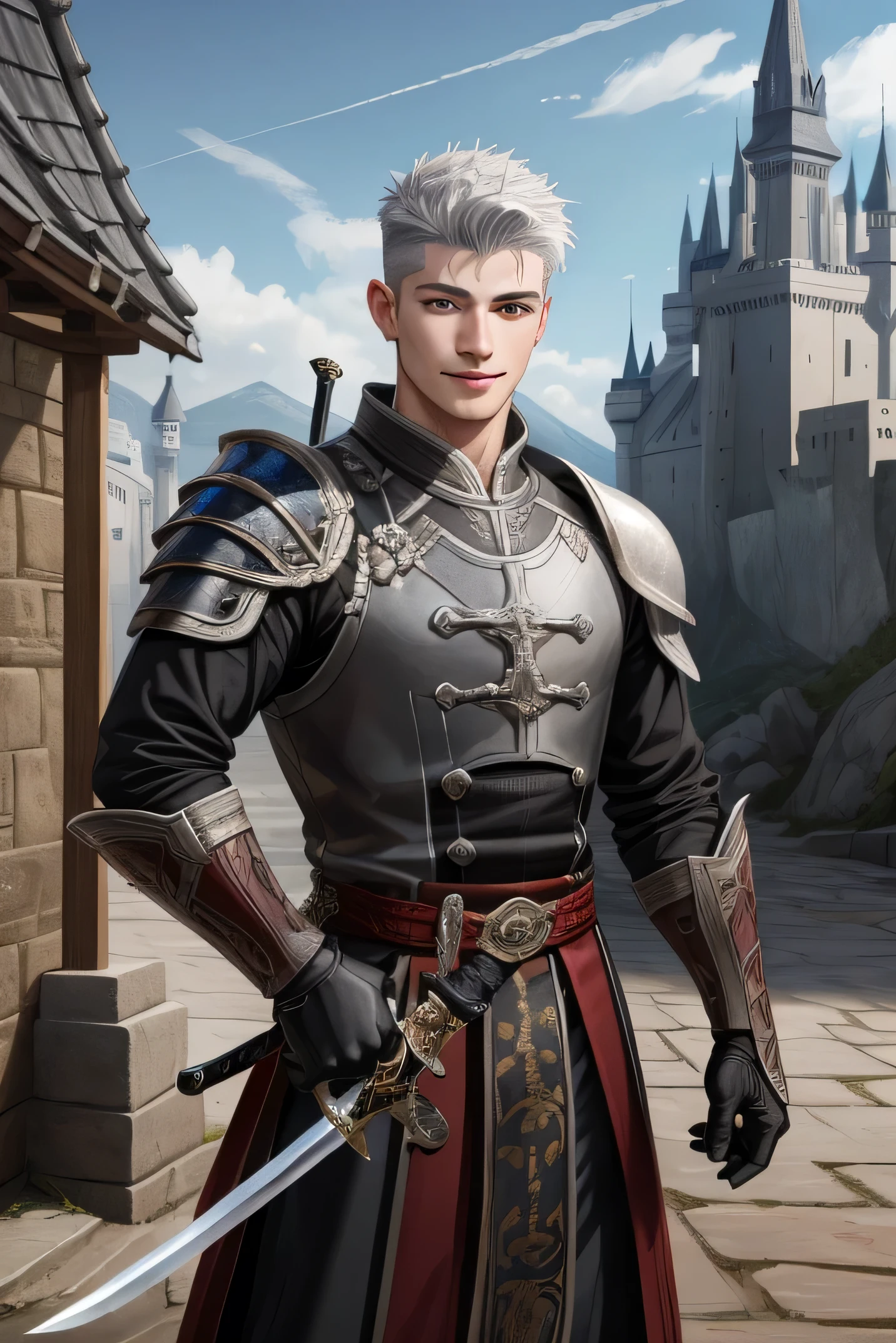 (Absurdres, Intricate Details, Masterpiece, Best Quality, High Resolution, 8k), 1 male, masculine, young, aged up, dreadful, finely detailed eyes and face, gray white short back and sides hair, black eyes, calm smile, portrait,  looking at viewer, solo, (full body:0.6), long sword, masculine, young, aged up, fighting with long sword and shild, fighting with sword, holding a shild, iron shild, leather armor, in castle background, fighting in practice swordsman, glove, VFX.