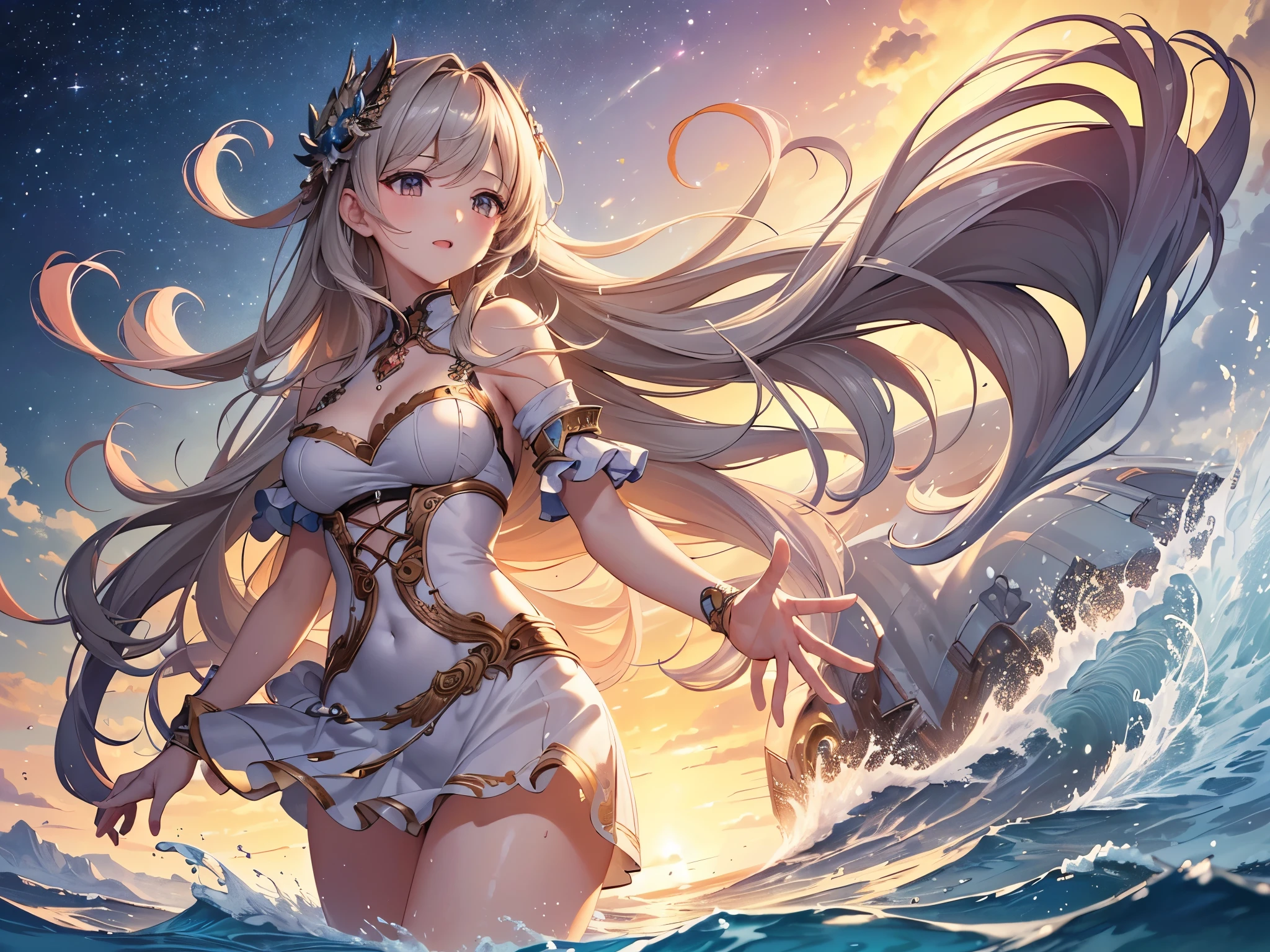 ((highest quality)),(Ultra-high resolution),(Very detailed),(Detailed Description),((The best CG)),(A masterpiece),Ultra-precise art,amazing drawing art,(Art with precise detail:1.5), Gentle Breeze, Raging waves, Sparkling light,