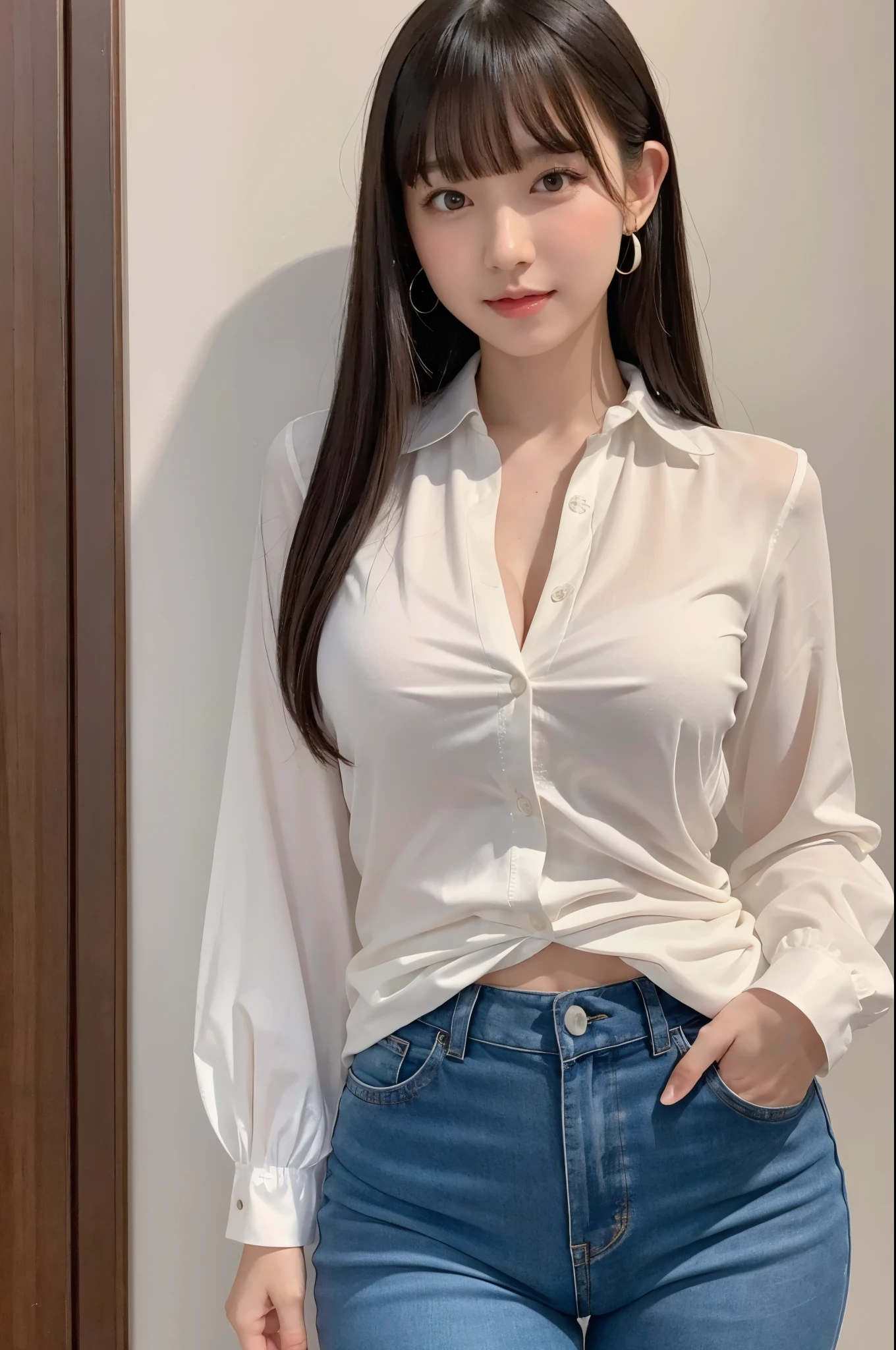 (In 8K, Raw photo, highest quality, Masseter muscle area:1.2), Ultra-detailed, Ultra-high resolution, (Realistic, Realistic photos:1.37), Portrait, High-resolution RAW color photos, Professional photography, hVery detailed and beautiful, Very detailed, 8k wallpaper, Incredibly detailed, Large file size, Official Art, hVery detailed beautiful girl, Very detailed顔, Very detailed目, Very detailed皮膚, Very detailed指, hVery detailed nose, Very detailed詳細な口, Perfect Anatomy, Detailed Background, Detailed clothing, ((1 girl)), 20th Generation, Realistic body, , White skin, Glowing Skin, The body is slim, Black-haired, Beaver, Long Hair, (Blunt bangs: 1.2), Cute face, Delicate eyes, Source Order, ((blouse)), Appears up to the thighs, Earrings, (Look at the viewers), Cowboy Shot, Positive, Standing posture, Dynamic Lighting, A seductive smile, Thick lips, Fuller lips, Seductive face, Mischievous face