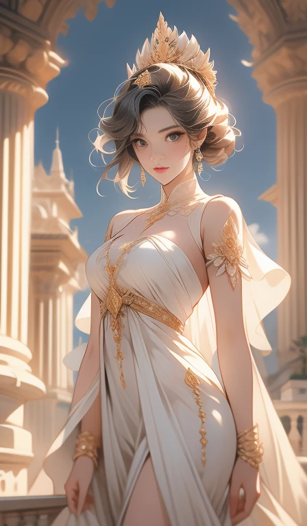fantasia, 19th-century, empress, mulher, rosto delicado, cabelo longo castanho claro, olhos azuis, em um vestido real branco com ombros abertos, gold patterns on fabric, crystal jewelry, com uma fita escarlate no ombro com os trajes do monarca, Gothic castle made of white stone in the background, luz, dia, High definition