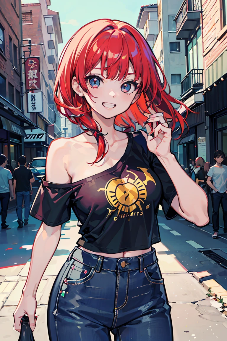(1 girl), (Dragon), Dragon Horn, (super high quality), masterpiece, Cowboy Shot, burn, Deep red hair, Mid Cut, Tie up the ends of your hair, Casual Scene, Tense atmosphere, (martial arts), She is wearing fashionable clothes, sun, Gives off warm tones, Street atmosphere, Perfect body, (E Cup:1.2), Grin, teeth, Fresh, (Asymmetrical bangs:1.3)Highly detailed face and eyes, Three white eyes, Band T-shirts, (Exposing shoulders), Digital Art, beautiful, Cinema Lighting, By Yusuke Murata.tonality, Romanticism, modern art, Impressionism, reflected light, 8k, masterpiece, Advanced Details, highest quality, Accurate anatomy