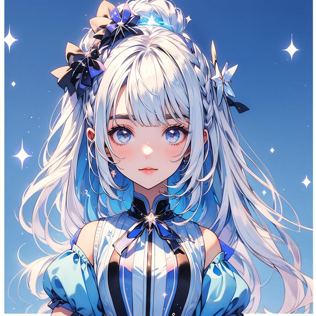 Cute Smile、Star Fairy、glow hair 、Vtuber half、Bangs shorter than eyebrows Aster Piece、highest quality、Best illustration、Super fine、Upper Body、solo、1 girl、looking at the camera、upright、Arms at your sides、Beautiful delicate eyes、Concept Art、More frontal、White background、Simple Background、Droopy and large eyes、Ultra-fine mesh、Sparkling Eye Silky White and Blue Gradient Long Hair、Short sleeve、Watercolor pencil、Kind Face、Virtual YouTuber、