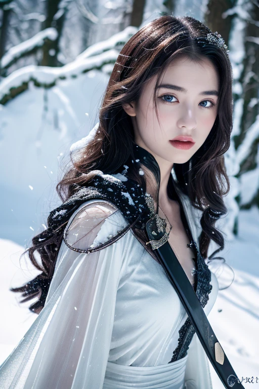 ( masterpiece, top quality, best quality,8k,17 years old girl,ultra detailed,raw photo:1.5),(photorealistic:1.4),(cinematic lighting), PerfectNwsjMajic, , Surrealism, UHD, ccurate, Super detail, textured skin, High detail, Best quality, dynamic angle, (high nose,White skin),[Beautiful blue eyes],[flat chest:large breasts:0.5],(1girl),(good anatomy:0.5)), of a woman in a dress with a sword, a beautiful fantasy empress, ((a beautiful fantasy empress)), beautiful fantasy maiden,snow,black hair