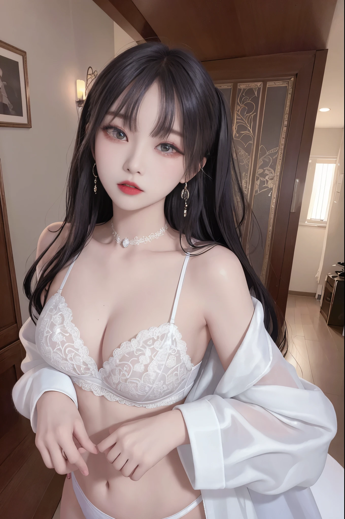 Top image quality、Raw photography、A high resolution、20-year-old cool Korean、big round chest、thin silk coat、lace underwear、Beautiful Eyes of Details、very elongated eyes、Beautiful eyelashes、Beautiful double eyelids、eyeshadows、耳Nipple Ring, wearing super tight mini boxers, standing,