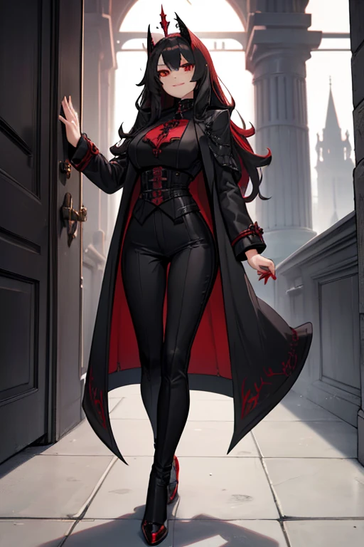 female, silver long hair with black highlights, red eyes, (((1girl))), (((red gothic coat))), (black shirt), (red pants), (black dress shoes), (black helm), cute and sexy, full body, large breasts, large butt, long legs, smiling