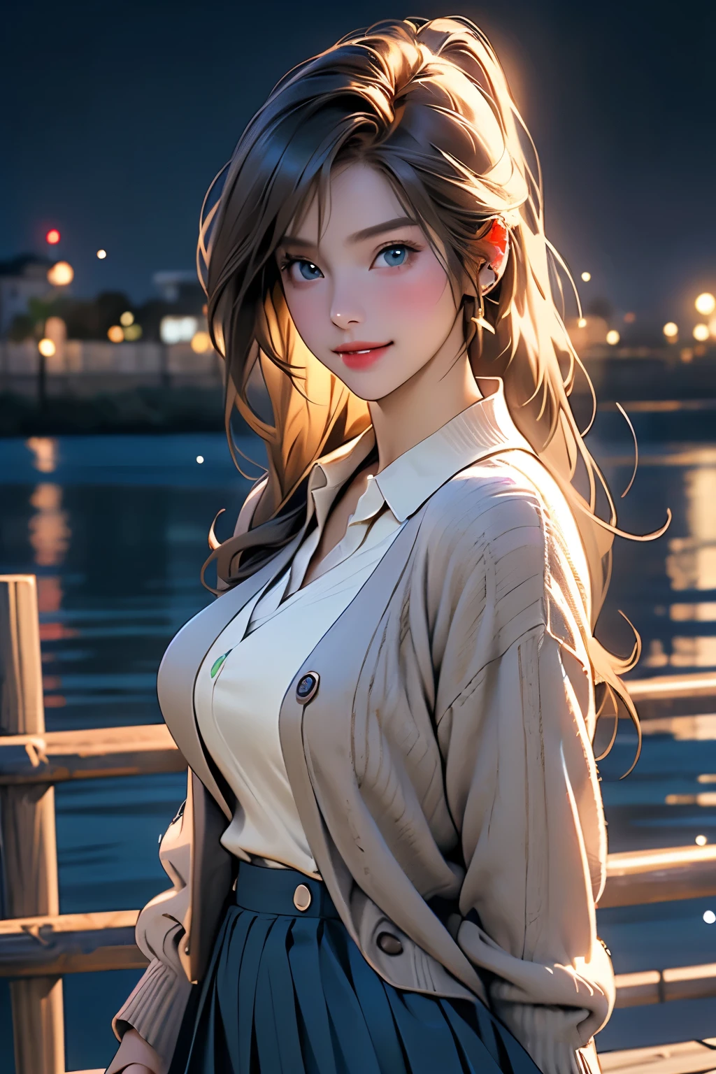 ((A beautiful and cute woman is standing on the terrace)), ((22-year-old beauty)), ((charming smile)), ((her long hair is blowing in the wind)), ((her miniskirt is It's waving in the wind)), (( You can see the cleavage of her plump bust from the blouse)), ((Gradient eyes)), ((The background is a night view of the city)), Attractive makeup, Single view, NFFSW , UHD, Retina, Masterpiece, Accurate, Anatomical, Scientifically Correct, Textured Skin, Super Detail, High Detail, High Quality, Award Winning, Top Quality, High Resolution, 1080P, HD, 4K, 8k, 16k