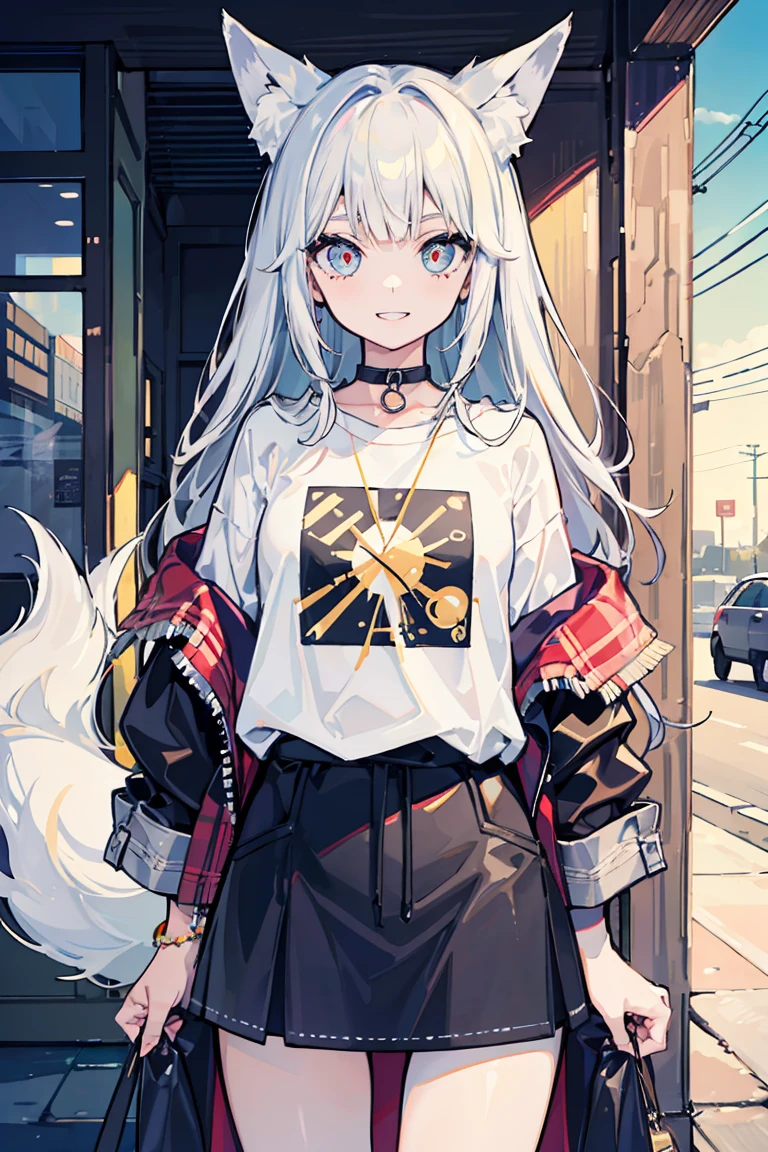 (1 girl), (Fox Girl), beast耳, (super high quality), masterpiece, Cowboy Shot, White and gold gradient hair, White skin, wild, beast, Casual Scene, Relaxed atmosphere, (Mature fashion), She is wearing fashionable clothes, sun&#39;The S line emits warm tones, Street atmosphere, urban environment. Perfect body, (E Cup:1.2), Wicked Smile, teeth, , Dark eyes,Fresh, (Asymmetrical bangs:1.3),Long Hair, Highly detailed face and eyes, Long, narrow eyes,cyber punk, SF, (Exposing shoulders), Digital Art, beautiful, Cinema Lighting, By Yusuke Murata.tonality, Romanticism, modern art, Impressionism, reflected light, 8k, masterpiece, Advanced Details, highest quality, Only 5 fingers,Accurate anatomy