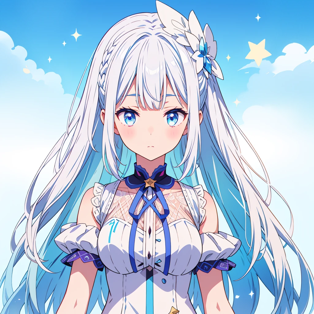 Star Fairy、glow hair 、Vtuber half、Bangs shorter than eyebrows Aster Piece、highest quality、Best illustration、Super fine、Upper Body、solo、1 girl、looking at the camera、upright、Arms at your sides、Beautiful delicate eyes、Concept Art、More frontal、White background、Simple Background、Droopy and large eyes、Ultra-fine mesh、Sparkling Eye Silky White and Blue Gradient Long Hair、Short sleeve、Watercolor pencil、Kind Face、Virtual YouTuber、