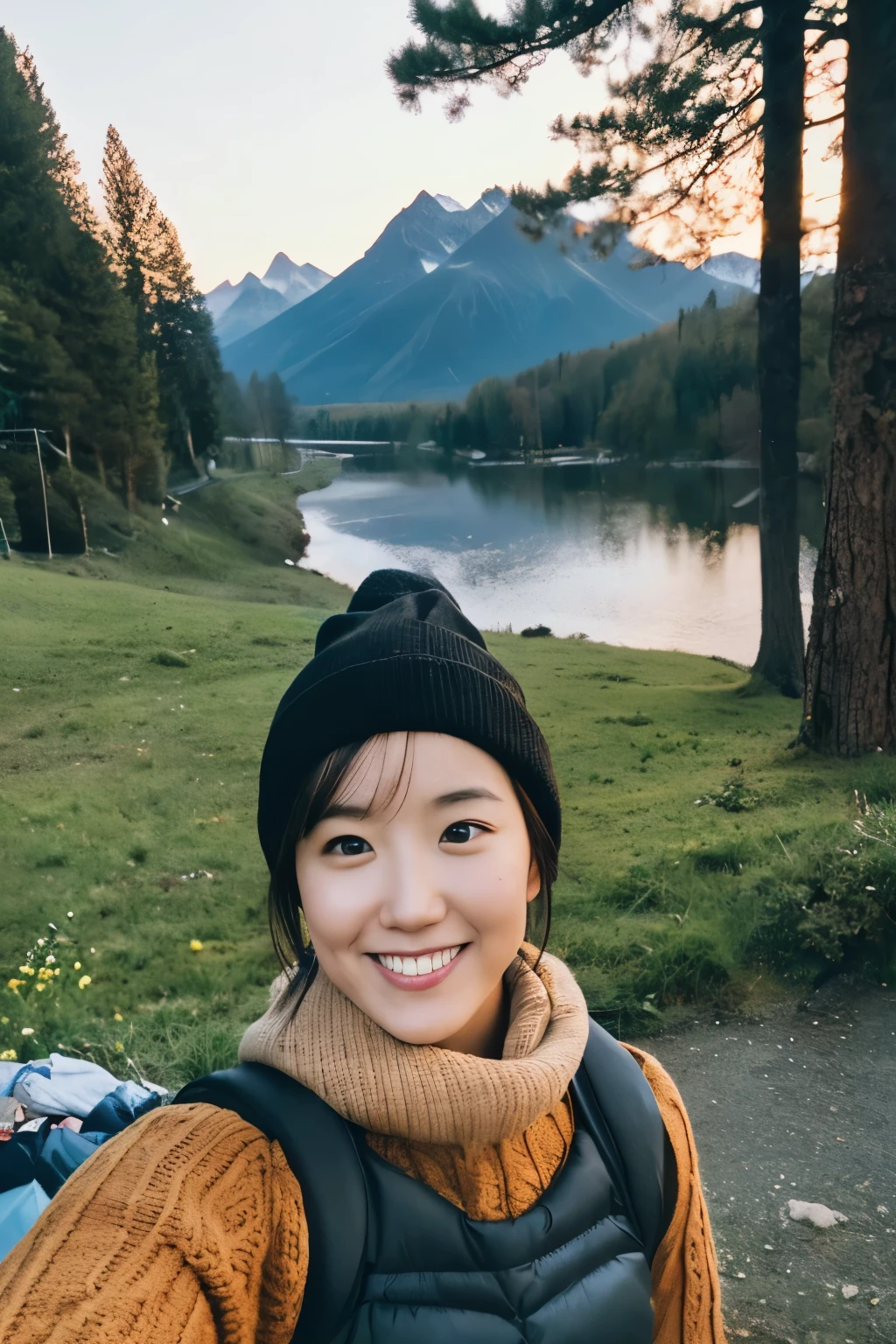 1 woman, ((upper body selfie, happy)), masterpiece, best quality, ultra-detailed, solo, Slender Japanese woman, 30 years old, outdoors, (night), mountains, nature, (stars, moon) cheerful, backpack, sleeping bag, camping stove, water bottle, mountain boots, gloves, sweater, hat, flashlight, forest, rocks, river, wood, smoke, shadows, contrast, clear sky, analog style (look at viewer:1.2) (skin texture) (film grain:1.3), (warm hue, warm tone) :1.2), close up, cinematic light, sidelighting, ultra high res, best shadow, RAW, wearing pullover