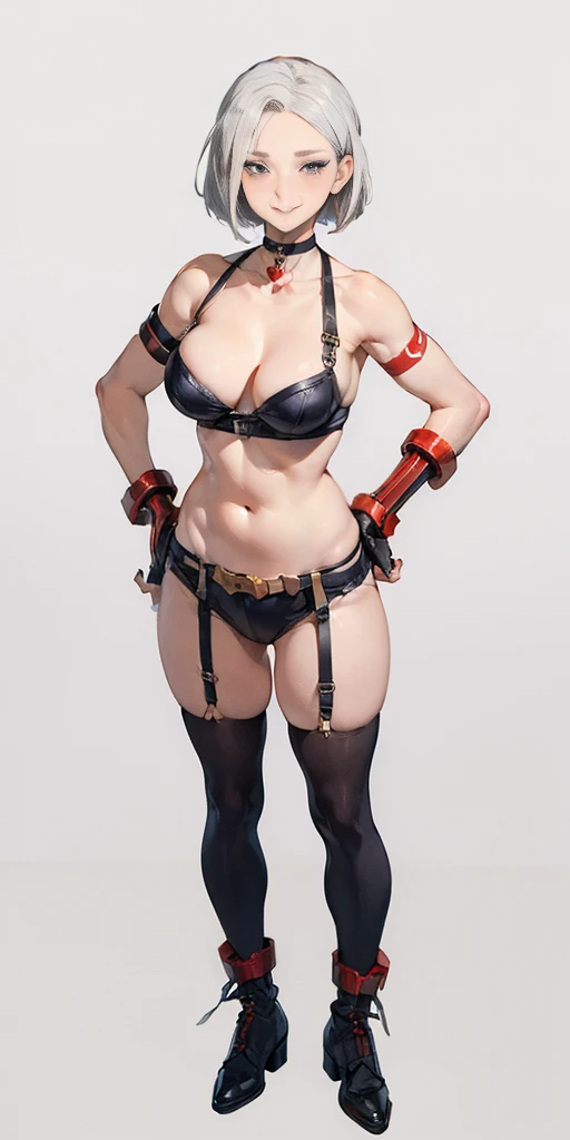 ((Plain background 1:2)) (Cammy White Street Fighter, white silver short bob haircut) female full body standing straight symmetrical loincloth, frontal position looking at viewer, black stockings with garter belts attaching, (choker, bracers, handcuffs, shackles, rerebrace, high boots, bootstraps, huge belt on waistline, faulds, poleyn, gloves, gauntlets), lustful smirking smile face red blushed red cheeks, (hands (clenching) on hips)