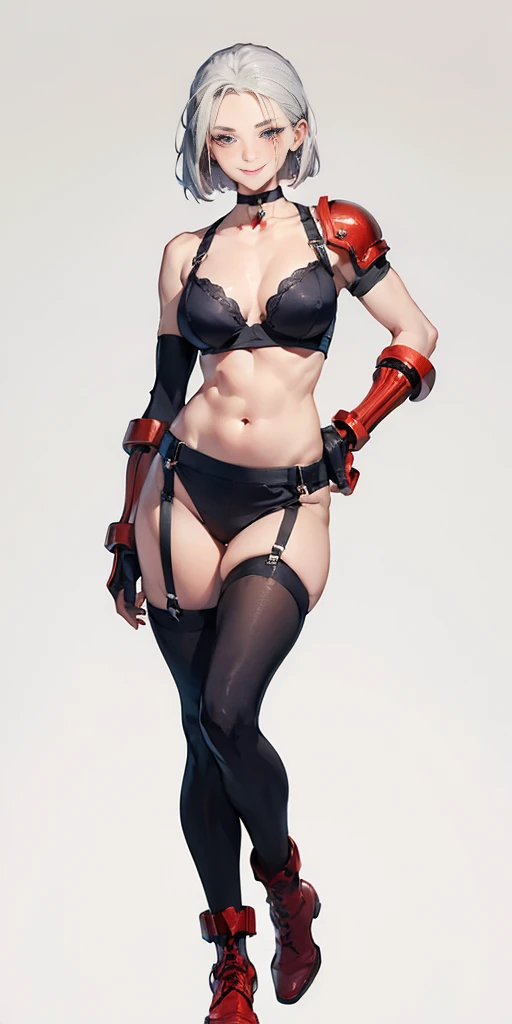 ((Plain background 1:2)) (Cammy White Street Fighter, white silver short bob haircut) female full body standing straight symmetrical loincloth, frontal position looking at viewer, black stockings with garter belts attaching, (choker, bracers, handcuffs, shackles, rerebrace, high boots, bootstraps, huge belt on waistline, faulds, poleyn, gloves, gauntlets), lustful smirking smile face red blushed red cheeks, (hands (clenching) on hips)