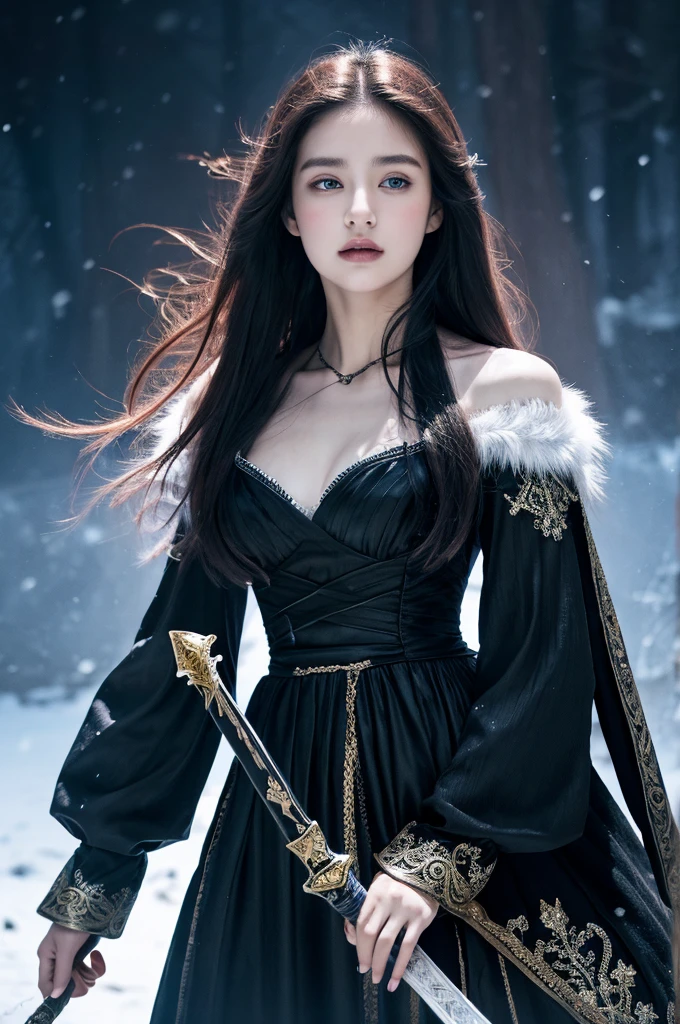 ( masterpiece, top quality, best quality,8k,17 years old girl,ultra detailed,raw photo:1.5),(photorealistic:1.4),(cinematic lighting), PerfectNwsjMajic, , Surrealism, UHD, ccurate, Super detail, textured skin, High detail, Best quality, dynamic angle, (high nose,White skin),[Beautiful blue eyes],[flat chest:large breasts:0.5],(1girl),(good anatomy:0.5)), of a woman in a dress with a sword, a beautiful fantasy empress, ((a beautiful fantasy empress)), beautiful fantasy maiden,snow,black hair