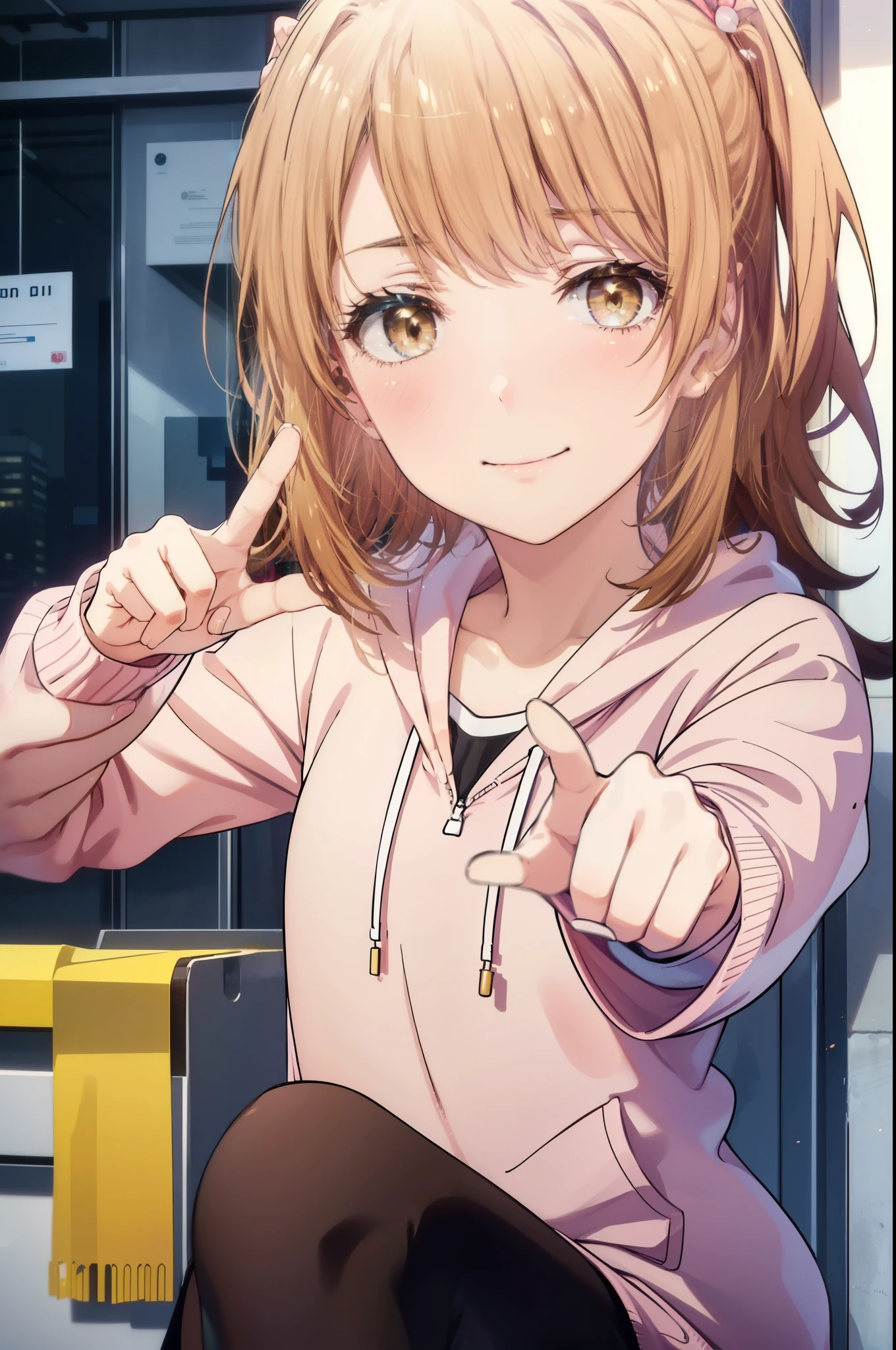 irohaisshiki, Iroha Isshiki, Long Hair, Brown Hair, (Brown eyes:1.5), happy smile, smile, Open your mouth,Put your hand over your mouth and make a peace sign, 1 girl,To the camera,Pink hoodie,Short denim pants,black tights,short boots,Independent&#39;With your back against the wall、The cherry blossoms have bloomed,Cherry blossoms are scattered,
break indoors, Cherry blossom tree-lined path,
break looking at viewer,Upper Body,
break (masterpiece:1.2), highest quality, High resolution, unity 8k wallpaper, (shape:0.8), (Beautiful and beautiful eyes:1.6), Highly detailed face, Perfect lighting, Highly detailed CG, (Perfect hands, Perfect Anatomy),