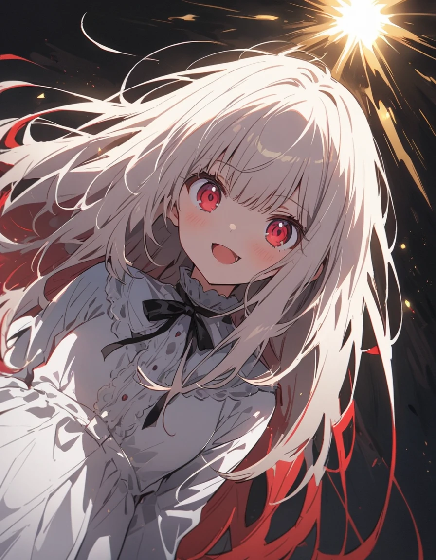 ((masterpiece,highest quality)),One girl,Beautiful fine details, detailedな顔, (whole body:1.2), Long white hair, Red eyes,Small breasts, (Black background:1.2), Blood particles, Shaded face 、(highest quality、masterpiece、High resolution、detailed)、animeスタイル、Flat Style、(Shine目、detailed美しい顔), BREAK,1 girl、extremely detailed(The Shining), Best lighting, Best Shadow、Dynamic Angle、floating, (High saturation), (Shine), Focus on the face,anime