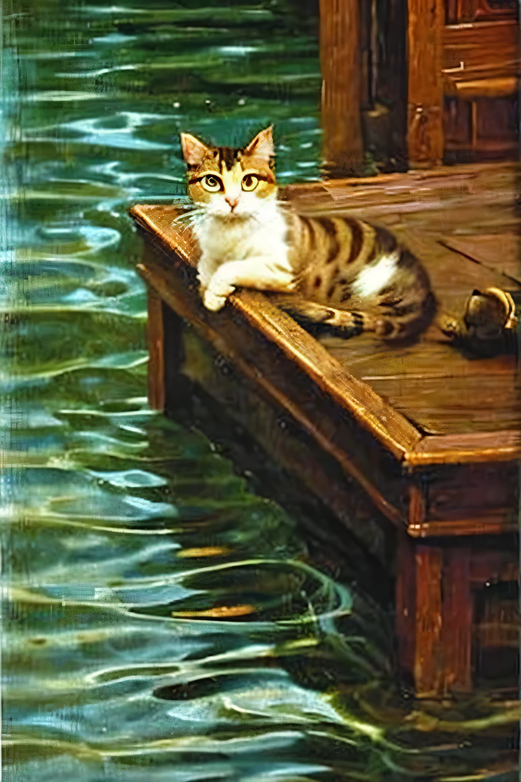 renaissance painting of a cat, refer to renaissance paintings, swimming cat