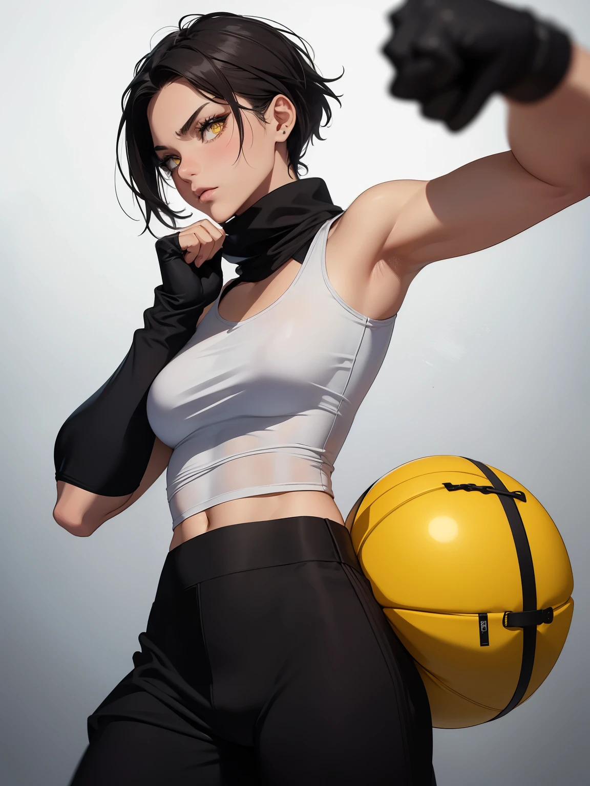 Furious Female boxer lifting the hands in clinch posture, yellow glowing eyes, yellow eyes, short hair wearing boxing gloves, punching the camera, makeup, mascara, Lips are subdued or colors, Minimalism, monotone, simple color palettes, Clean, sharp designs, flowing silhouettes, sports clothes, fighting clothes, high-waisted short, simple dresses, shirts, pants and blouses, asymmetrical, geometric, Elegant and luxurious materials and designs, Simple, minimal accessories, Distinctive designs, simple silhouettes, chic and mature impression, simple and sophisticated style, elegance, minimalism, high quality materials, cool and urban impression, high fashion, , simplicity and sophistication,