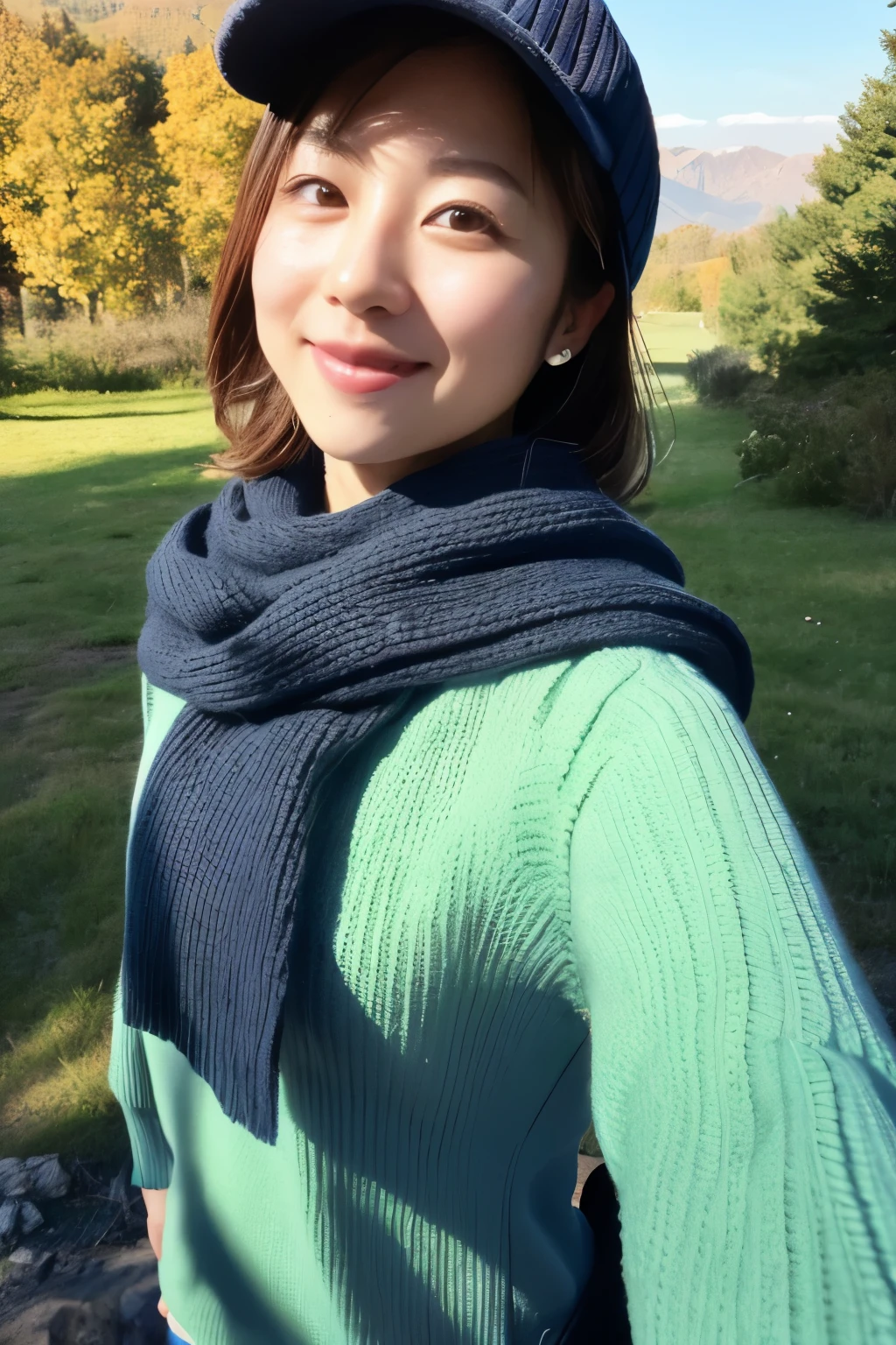 1 woman, ((upper body selfie, happy)), masterpiece, best quality, ultra-detailed, solo, Slender Japanese woman, 30 years old, outdoors, (night), mountains, nature, (stars, moon) cheerful, backpack, sleeping bag, camping stove, water bottle, mountain boots, gloves, sweater, hat, flashlight, forest, rocks, river, wood, smoke, shadows, contrast, clear sky, analog style (look at viewer:1.2) (skin texture) (film grain:1.3), (warm hue, warm tone) :1.2), close up, cinematic light, sidelighting, ultra high res, best shadow, RAW, wearing pullover