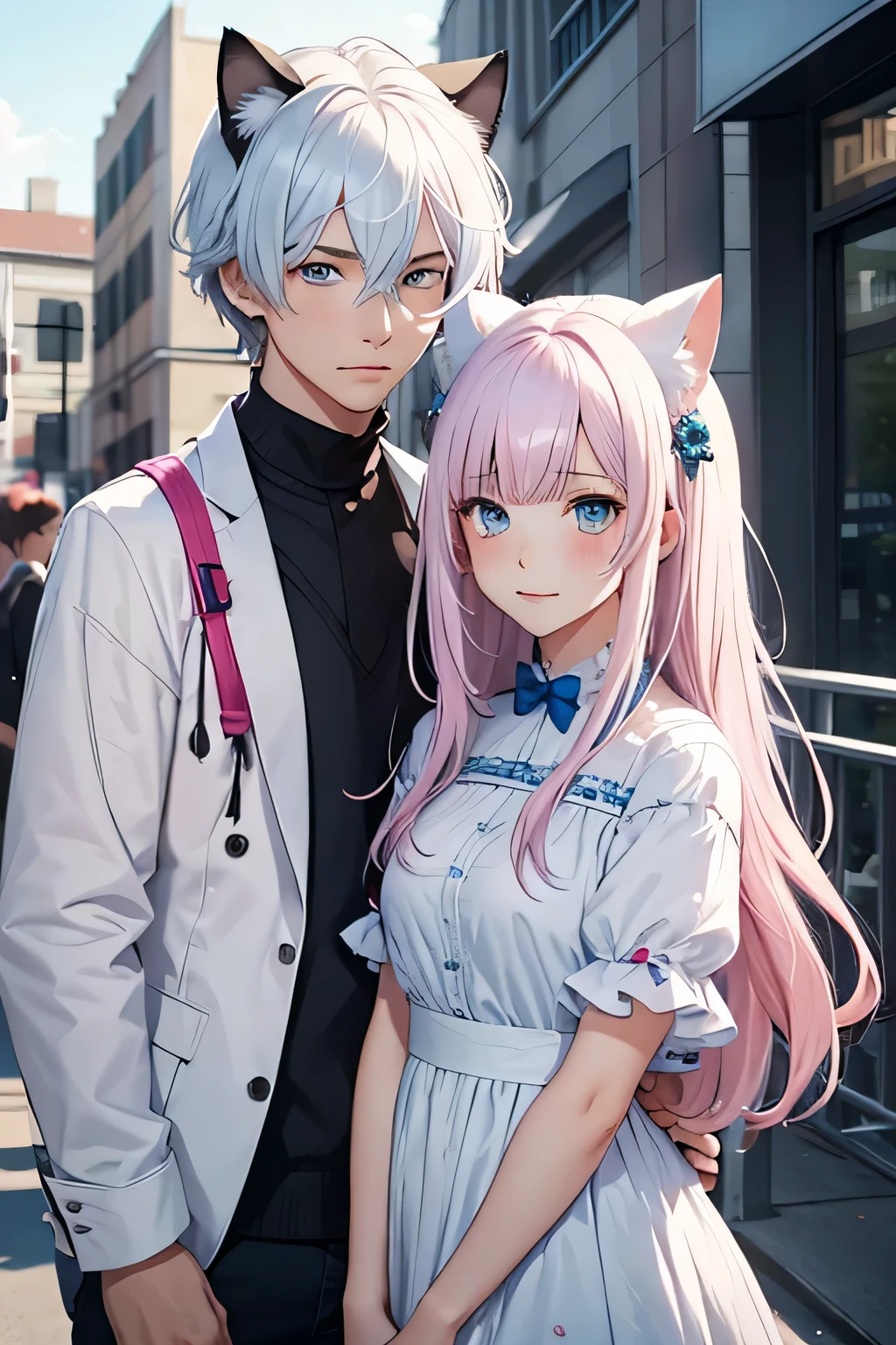 couple, 1 girl and 1 boy, different hair colors, long pink bangs and blue eyes. Medium white hair and blue eyes, male student, cat ears