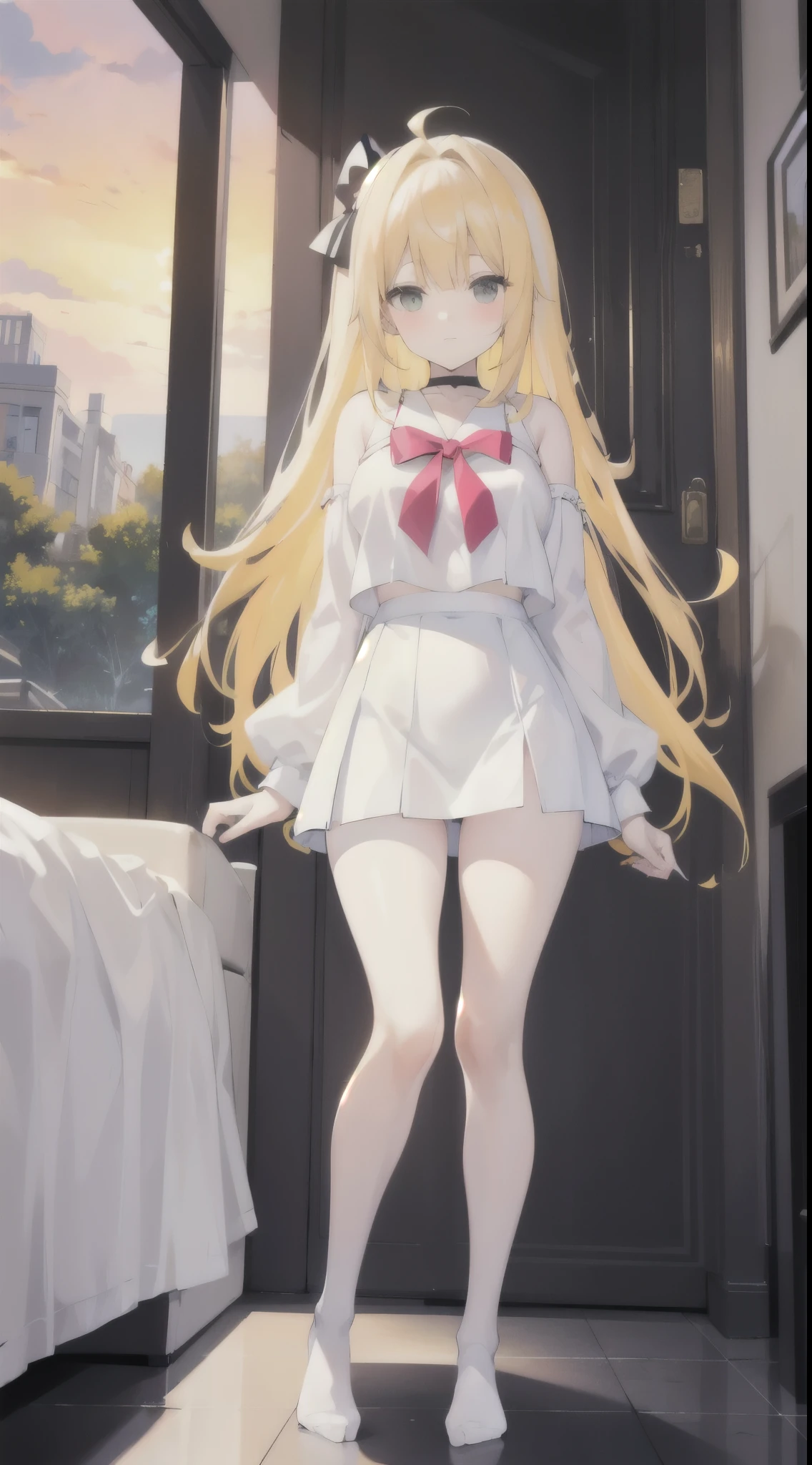 masterpiece((masterpiece)),White top((Black miniskirt)),((White and transparent)),(No shoes),cute,Sexy bulge,Sunset,(long yellow)hair,red🎀