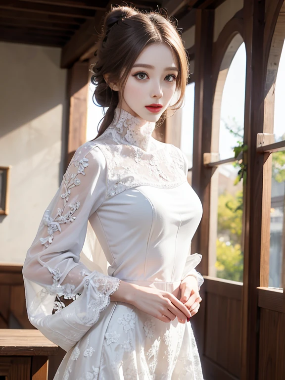 (Realistic、High resolution:1.3),((Fashion Model:1.4)),One Woman, masterpiece, highest quality, Very detailed, Natural light, Intricate details, High resolution, Official Art, Beautifully detailed face and eyes, High resolutionのイラスト, 8k, (Long bun hair), Grey Hair:1.3, Very thin body, ((White lace turtleneck blouse:1.3)) ,((White lace flare long skirt)),Lace pantyhose,Single Blade, blue eyes, Glasses, Conceit, Full body portrait, Big Breasts, Street,Looking at the audience