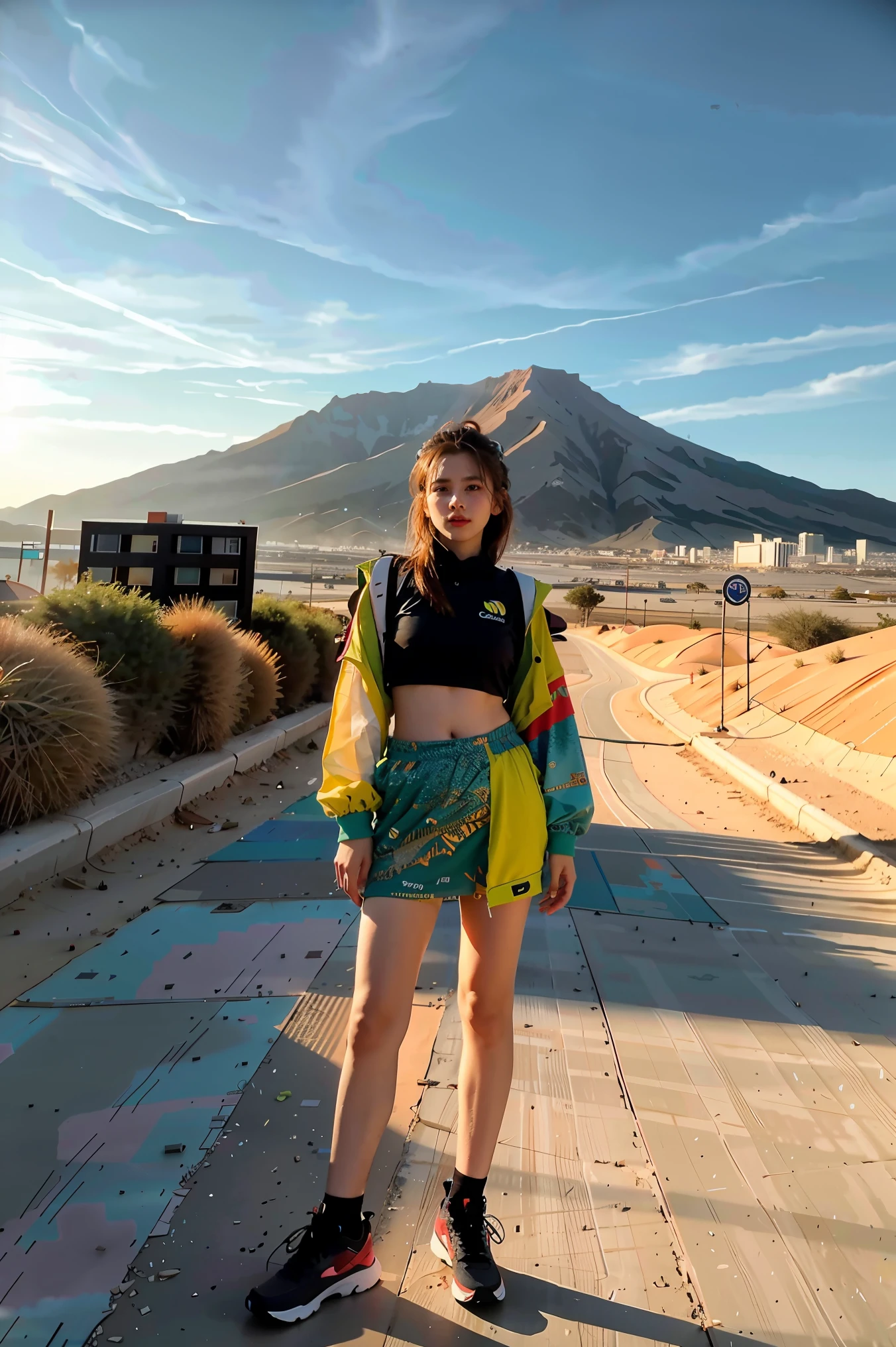 Mountain at sunset, a futuristic city in the desert as background, low clouds cover mountain, realistic+high intricate details, colorful clothing, full bodies, 16k.