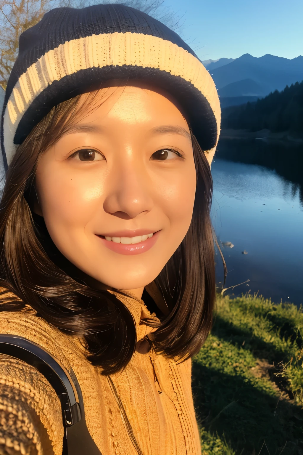 1 woman, ((upper body selfie, happy)), masterpiece, best quality, ultra-detailed, solo, Slender Japanese woman, 30 years old, outdoors, (night), mountains, nature, (stars, moon) cheerful, backpack, sleeping bag, camping stove, water bottle, mountain boots, gloves, sweater, hat, flashlight, forest, rocks, river, wood, smoke, shadows, contrast, clear sky, analog style (look at viewer:1.2) (skin texture) (film grain:1.3), (warm hue, warm tone) :1.2), close up, cinematic light, sidelighting, ultra high res, best shadow, RAW, wearing pullover
