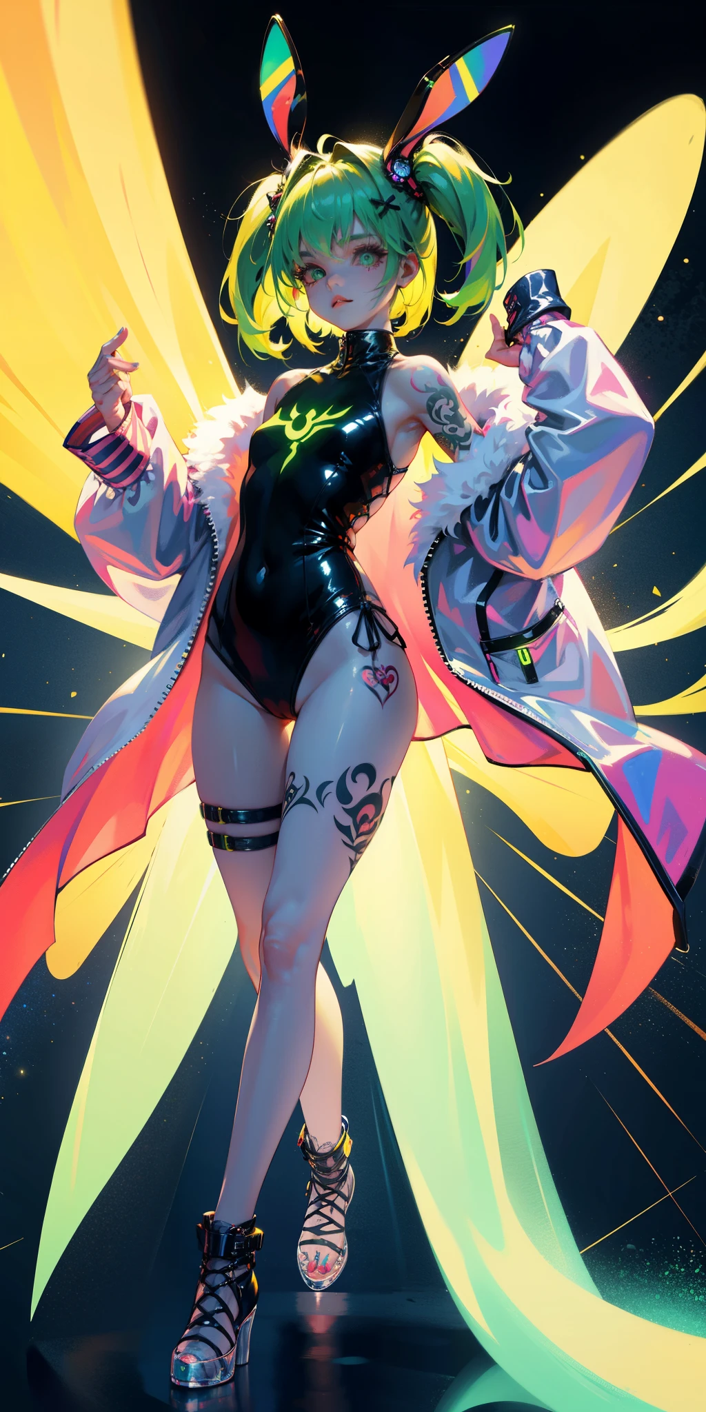 Rabbit technique , Science Fiction, Fluffy ,
1 girl, Tattoo, 发光Tattoo, Glowing eyes, Colorful glowing hair , Full body love, Green Hair,
Kawaiitech, Soft colors, Kawaii, Lovely colors,