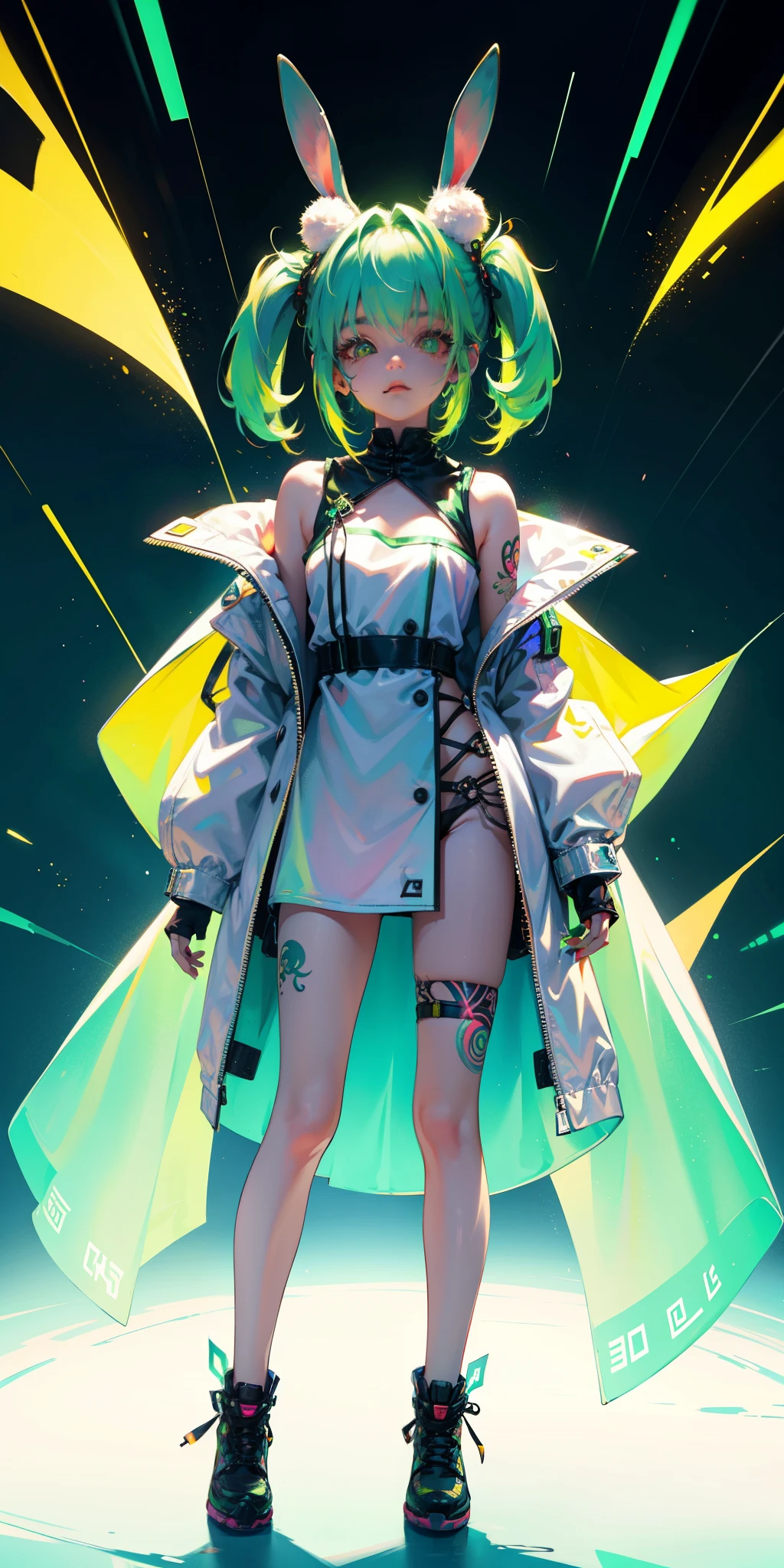 Rabbit technique , Science Fiction, Fluffy , 
1 girl, Tattoo, 发光Tattoo, Glowing eyes, Colorful glowing hair , Full body love, Green Hair,
  Kawaiitech, Soft colors, Kawaii, Lovely colors,