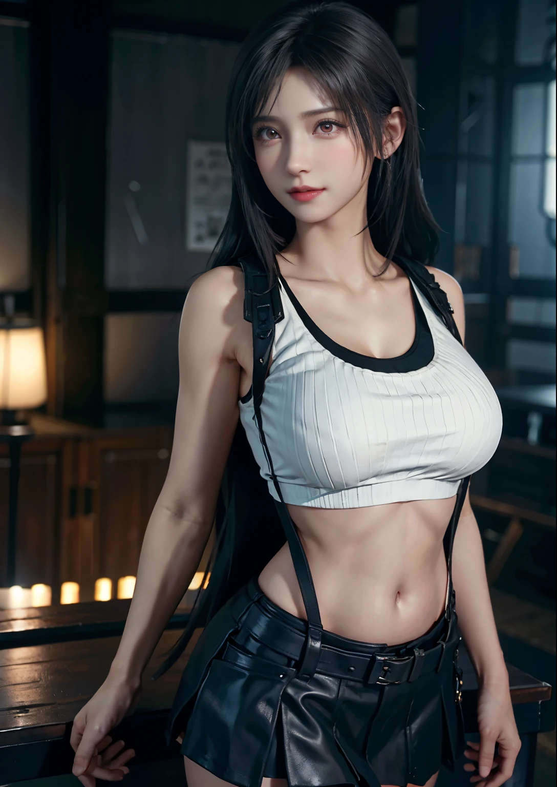 (Realistic: 1.4), highest quality, Very delicate and beautiful, High resolution, One girl, Tifa_Lockhart, smile, Cowboy Shot, suspenders, Low rise, mini skirt, Tank top, Tense shirt, Black Hair, Long Hair, Elbow hand pockets, Beautiful and detailed red eyes, Face Light, Cinema Lighting, belly button, High exposure, Exposed belly, rib, Abdominal muscles, ( Huge breasts: 1.2), Dynamic pose, Dynamic Angle,