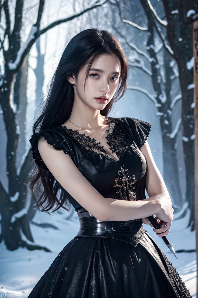( masterpiece, top quality, best quality,8k,17 years old girl,ultra detailed,raw photo:1.5),(photorealistic:1.4),(cinematic lighting), PerfectNwsjMajic, , Surrealism, UHD, ccurate, Super detail, textured skin, High detail, Best quality, dynamic angle, (high nose,White skin),[Beautiful blue eyes],[flat chest:large breasts:0.5],(1girl),(good anatomy:0.5)), of a woman in a dress with a sword, a beautiful fantasy empress, ((a beautiful fantasy empress)), beautiful fantasy maiden,snow,black hair