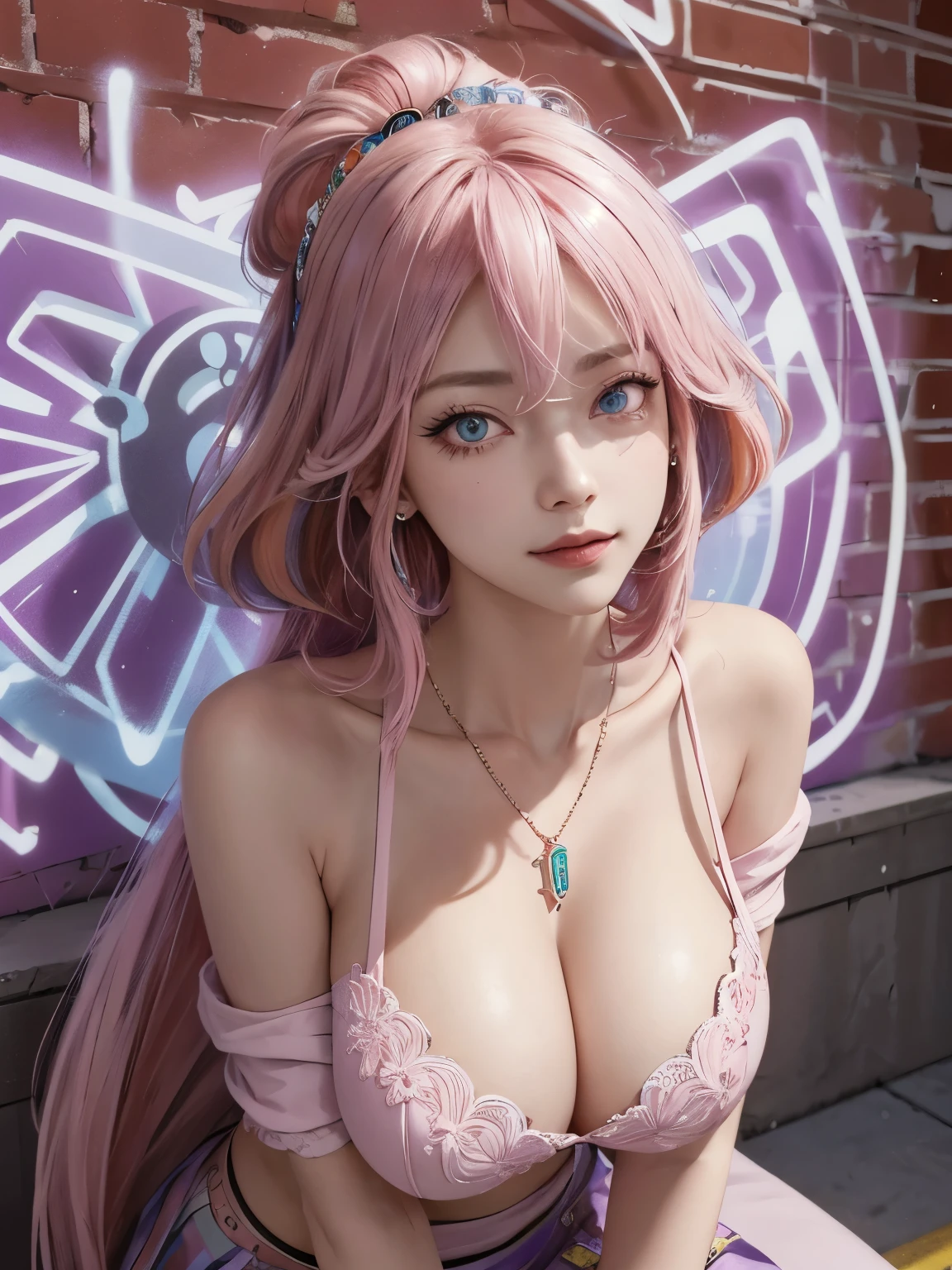 (masterpiece, best quality, 1 Girl, Solitary, Intricate details, Chromatic Aberration), Practical,Long hair, Pink Hair, Red headdress, Pink highlights, Hair covering one eye,Purple Eyes, earrings, Sharp eyes, Necklace, Neon shirt, Open jacket, tube top, (Symmetrical eyes),(Perfectly symmetrical body),Against the wall, Brick wall, Graffiti, Dim Lights, alley ,Look at the audience, huge breasts:1.1, saggy breasts:1.4, Bend over, lift chest, Random pose, little smile, 