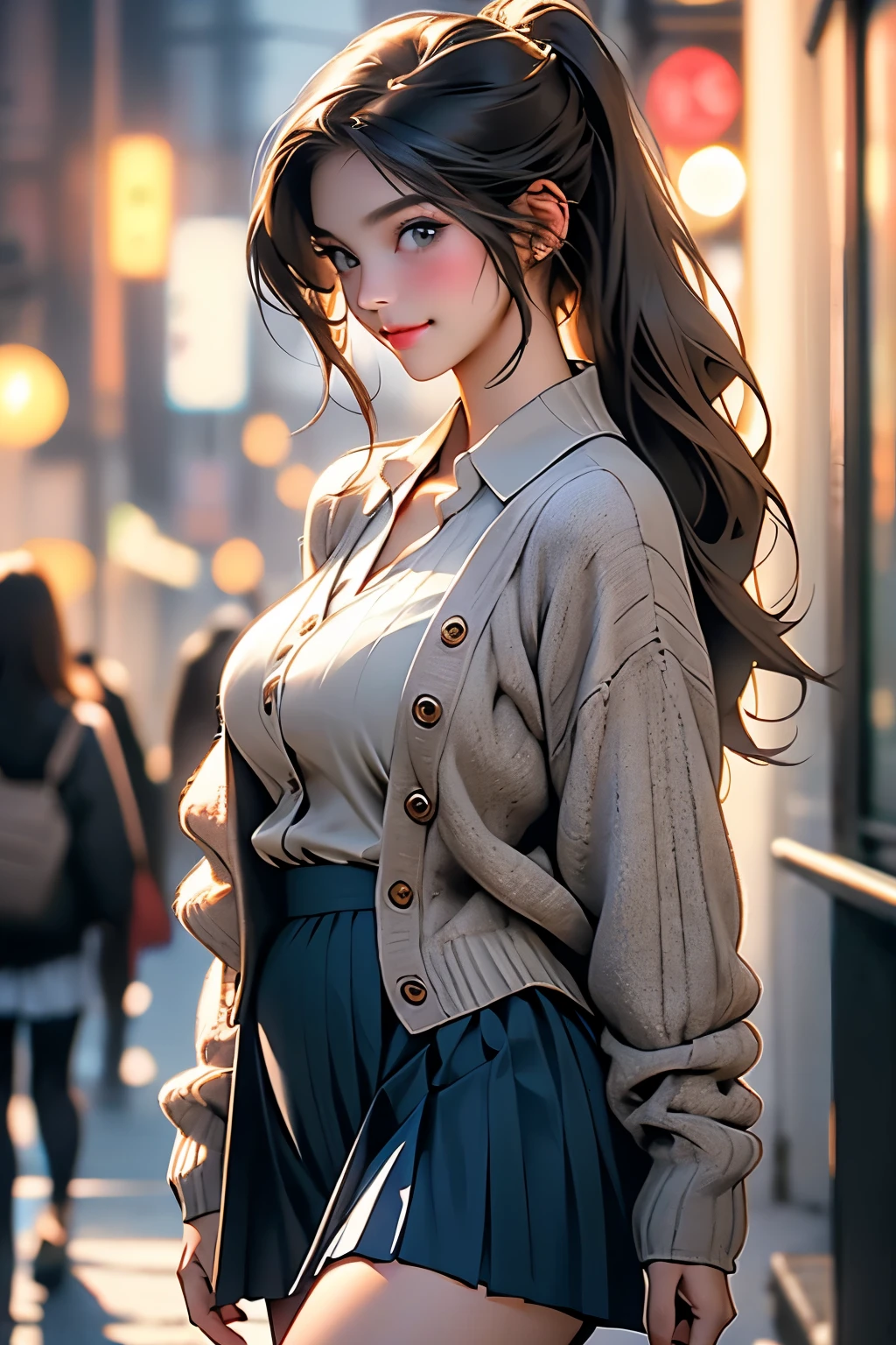 (masterpiece:1.2, highest quality), (Realistic, photoRealistic:1.4), Beautiful illustrations, (Natural Side Lighting, Cinema Lighting),
View your viewers, Cowboy Shot, Front view:0.6, 1 girl, Japanese, high school girl, Perfect Face, Cute and symmetrical face, Shiny skin,
(Long Hair:1.4, High Ponytail:1.7, Light brown hair), Hair between the eyes, Emerald green eyes, Long Eyelashes, (Large Breasts:0.9, Thick thighs),
Beautiful Hair, Beautiful Face, Beautiful fine details, Beautiful clavicle, Beautiful body, Beautiful breasts, Beautiful thighs, Beautiful feet, Beautiful fingers,
((White collared shirt with long sleeves, Navy Pleated Mini Skirt, Navy them, Light Gray Cardigan)), Pink Panties,
(Beautiful views), evening, River side, walking, Place your hand on your chest, (Cute smile, Upward glance),